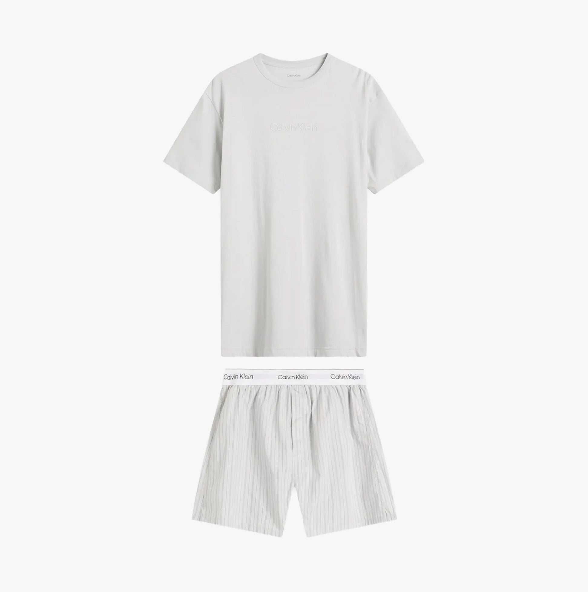 Calvin Klein CREW POPLIN Mens T-Shirt & Boxer Shorts Set Grey front view showcasing the cotton material and gift box presentation.