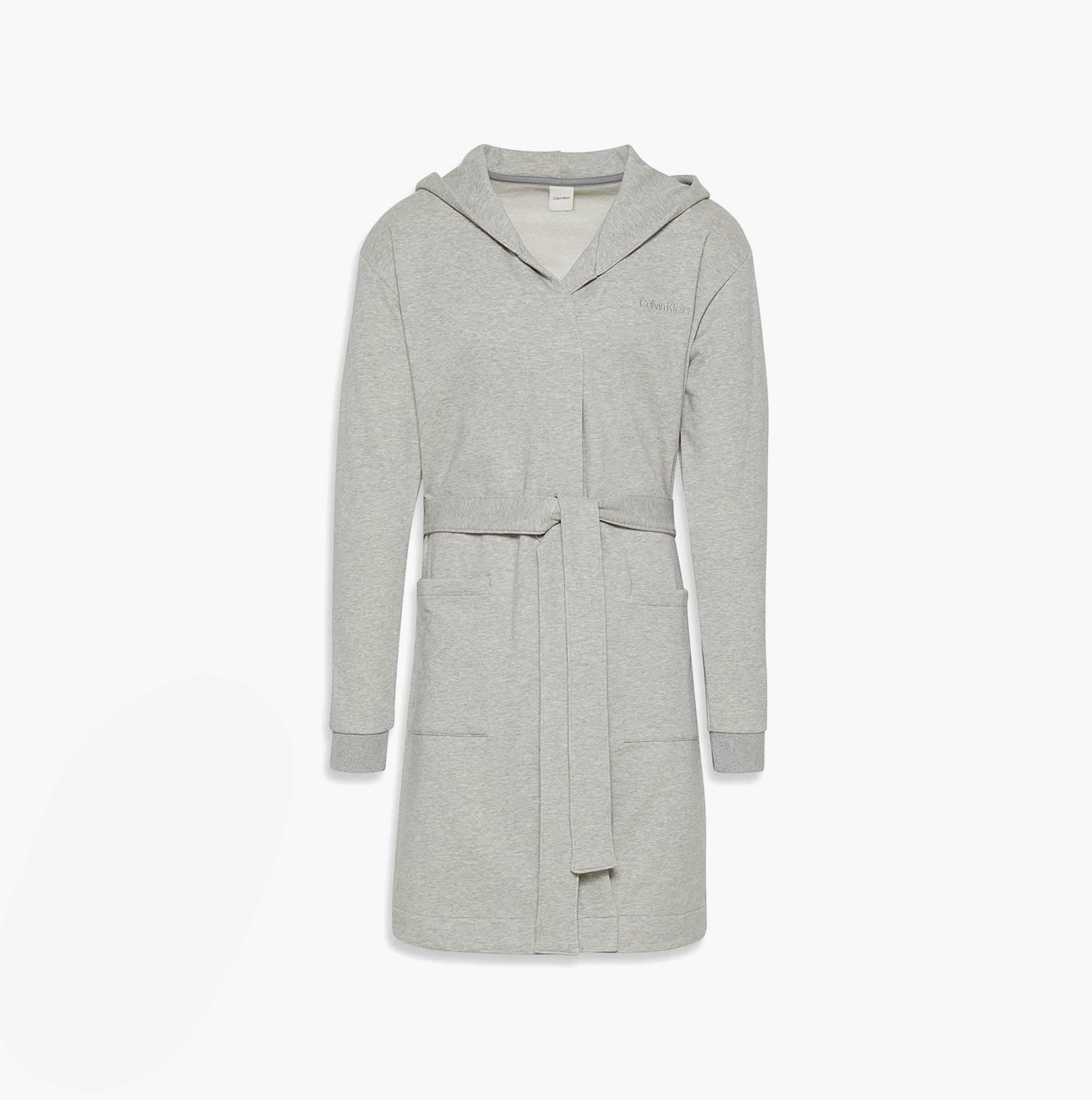 Calvin Klein HOODED ROBE Mens Bathrobes Grey Heather front view showing hood, belt, and pockets.