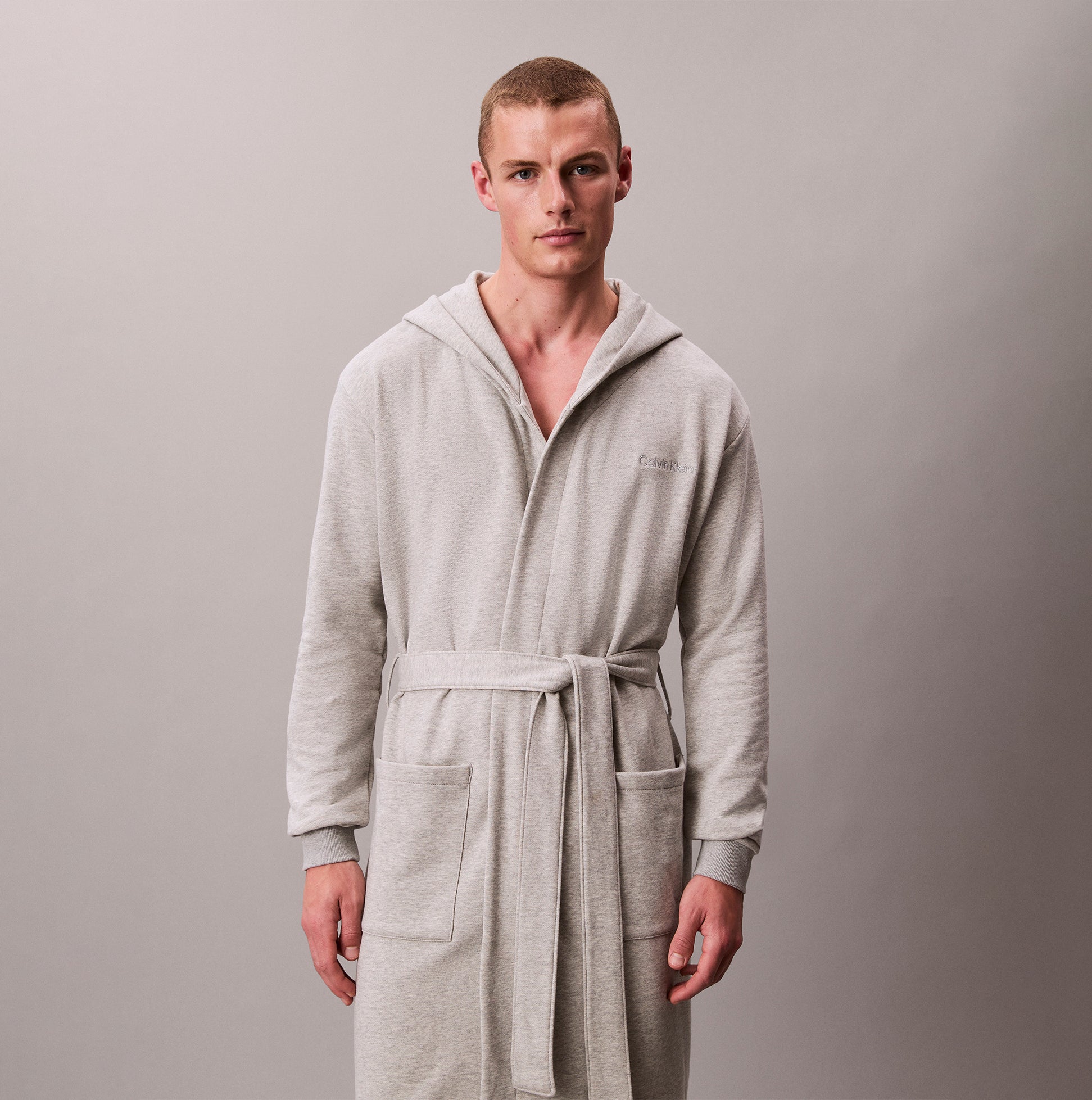 Calvin Klein HOODED ROBE Mens Bathrobes Grey Heather front view showcasing hood and waist tie.