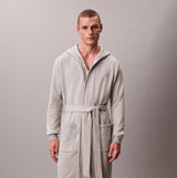 Calvin Klein HOODED ROBE Mens Bathrobes Grey Heather front view showcasing hood and waist tie.