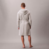 Calvin Klein HOODED ROBE Mens Bathrobes Grey Heather back view of the robe in grey heather color on a male model.