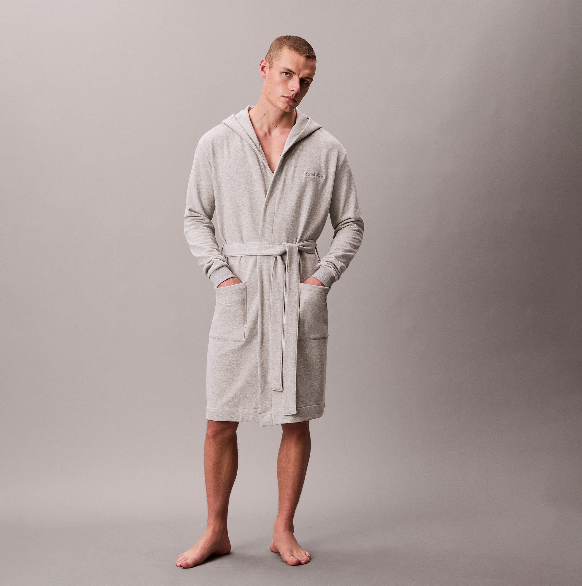 Calvin Klein HOODED ROBE Mens Bathrobes Grey Heather front view with hood and pockets shown