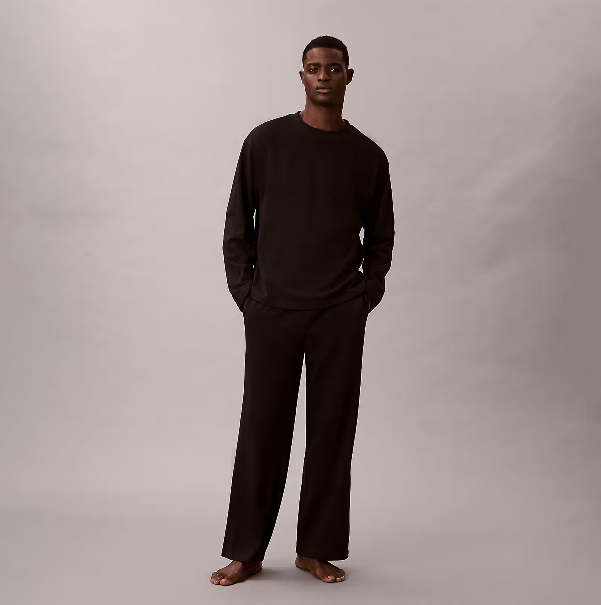 Calvin Klein LS TEE PANT SET Mens Black front view model wearing black outfit on plain background