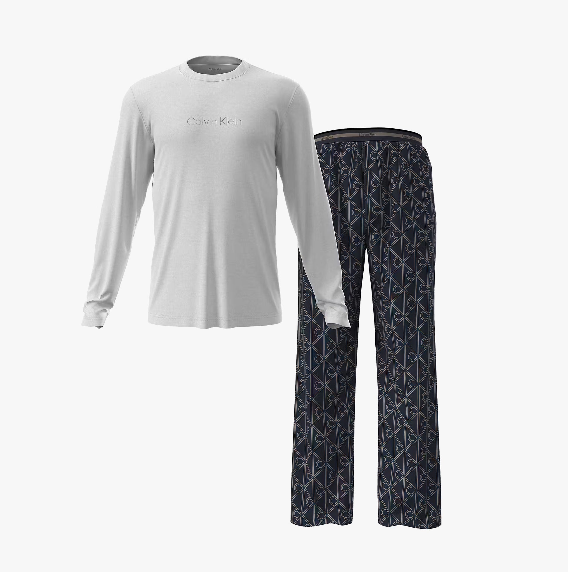 Calvin Klein LS TEE PANT SET Mens Multicoloured front view featuring long sleeve tee and patterned pants.