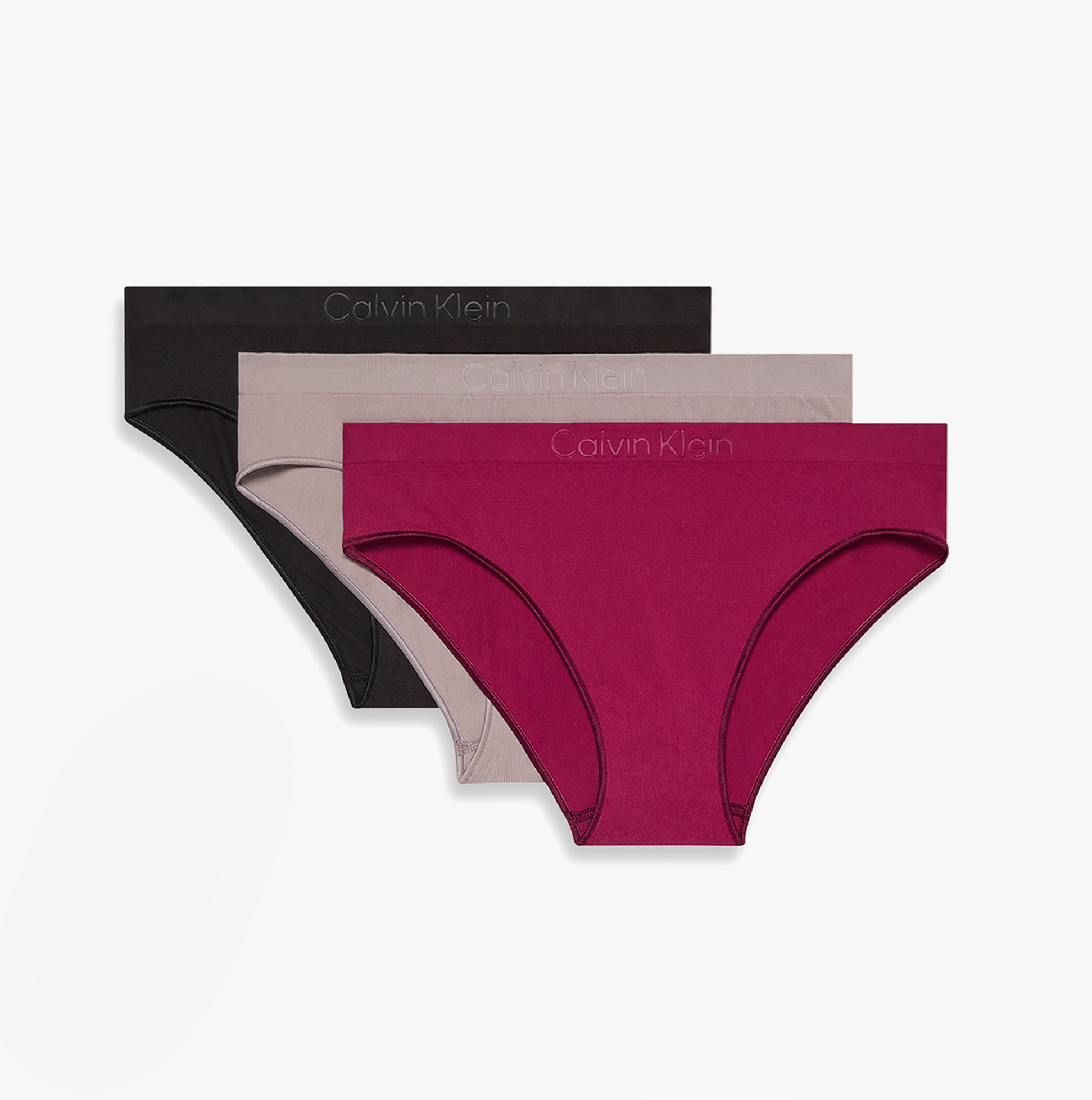 Calvin Klein BIKINI 3 PACK Womens Bikini Multicoloured side view showcasing three colors: black, beige, and burgundy
