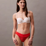 Calvin Klein THONG Womens Icon Logo Lace Molten Red side view model wearing lace thong and bra