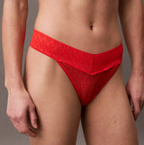 Calvin Klein THONG Womens Icon Logo Lace Molten Red front view featuring intricate lace detail and a comfortable fit.