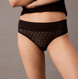 Calvin Klein BRAZILIAN Briefs Womens Icon Logo Lace Black side view showcasing elegant lace design and comfortable fit.