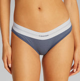 Calvin Klein BIKINI Brief Womens Cotton Modal Stretch Rib Grisaille front view with logo and stylish ribbed design.