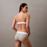 Calvin Klein BIKINI Brief Womens Cotton Modal Stretch Rib Grey back view on model, showcasing the ribbed design and comfort fit.