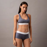 Calvin Klein Womens Hipster Panty BOYSHORTS Grey side view worn by model displaying fit and style.