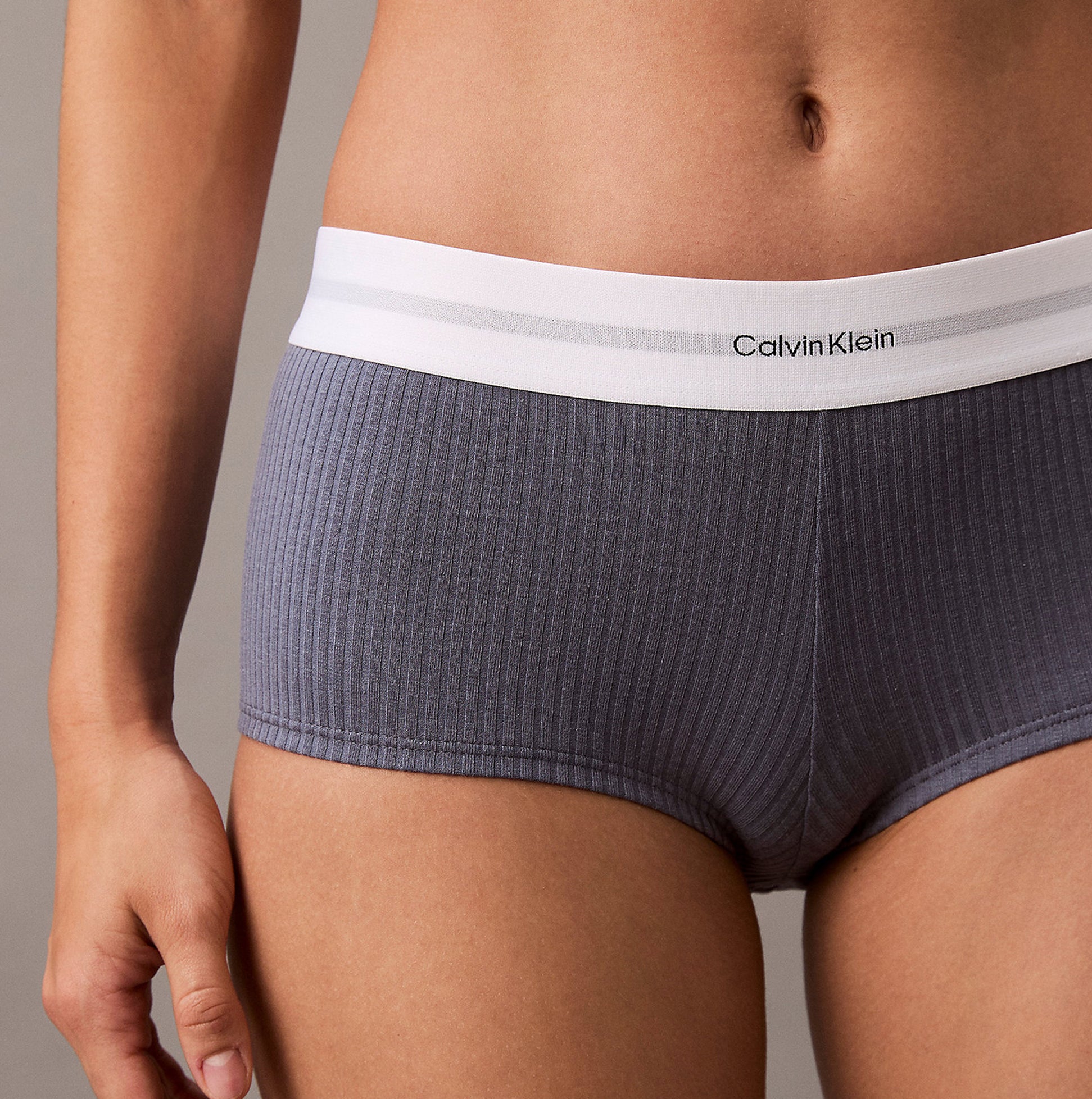 Calvin Klein Womens Hipster Panty BOYSHORTS Grey front view highlighting waistband and ribbed texture.