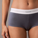 Calvin Klein Womens Hipster Panty BOYSHORTS Grey front view highlighting waistband and ribbed texture.