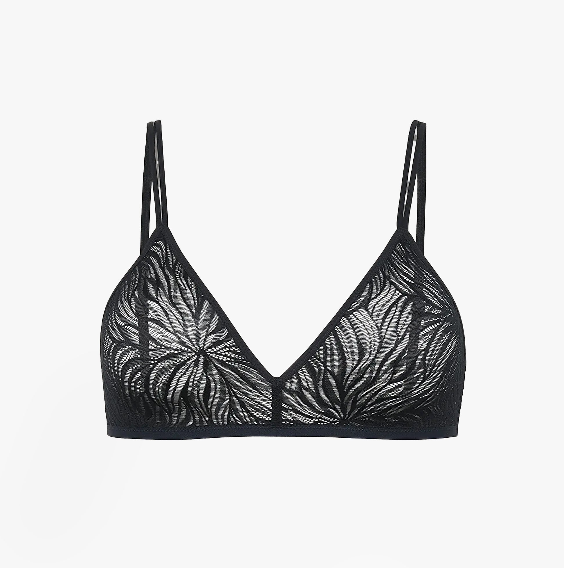 Calvin Klein UNLINED TRIANGLE Womens Lace Bra Black front view showcasing intricate lace design and thin straps.
