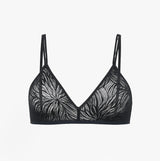 Calvin Klein UNLINED TRIANGLE Womens Lace Bra Black front view showcasing intricate lace design and thin straps.