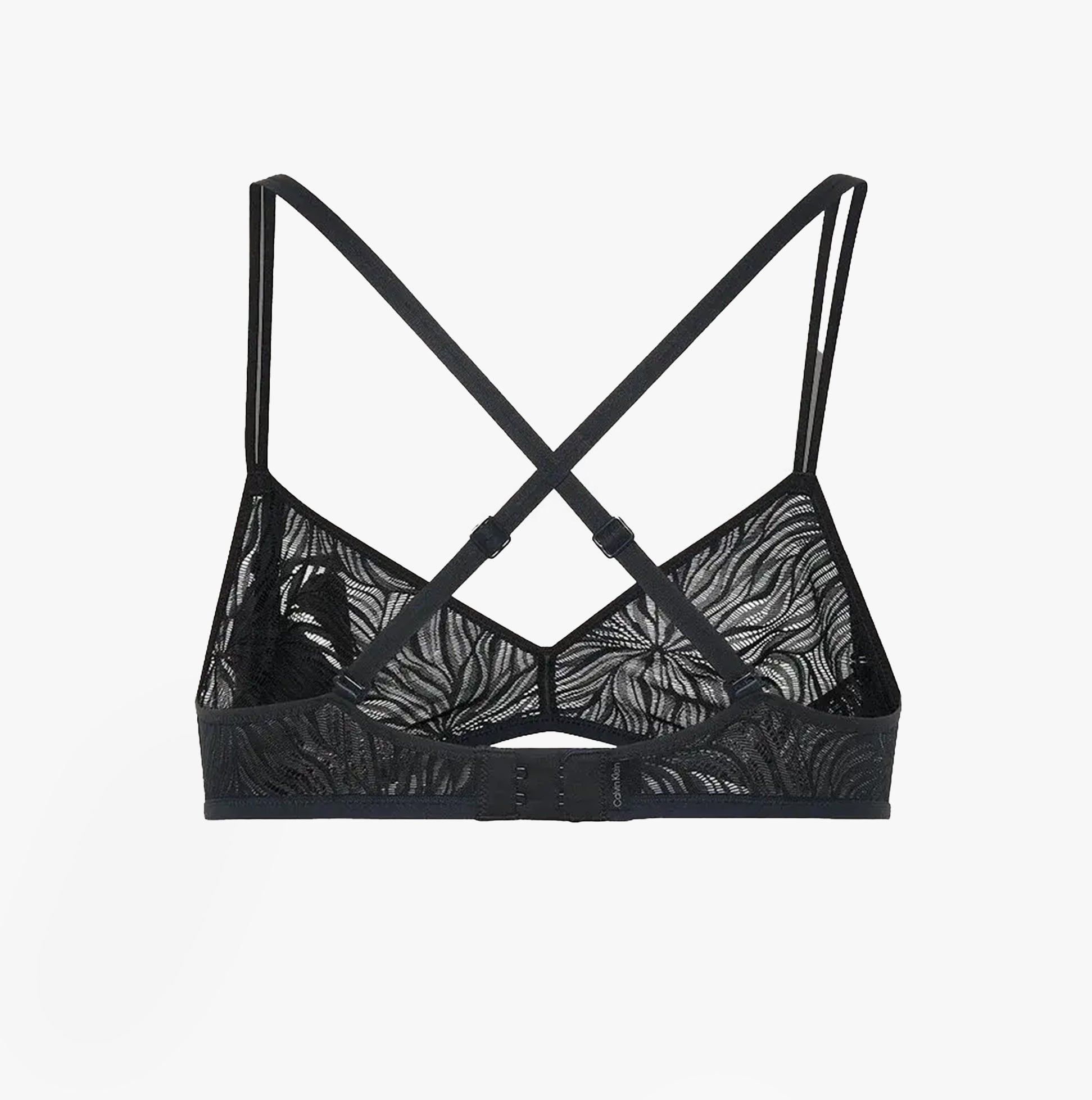Calvin Klein UNLINED TRIANGLE Womens Lace Bra Black back view showing intricate lace design and crisscross straps.