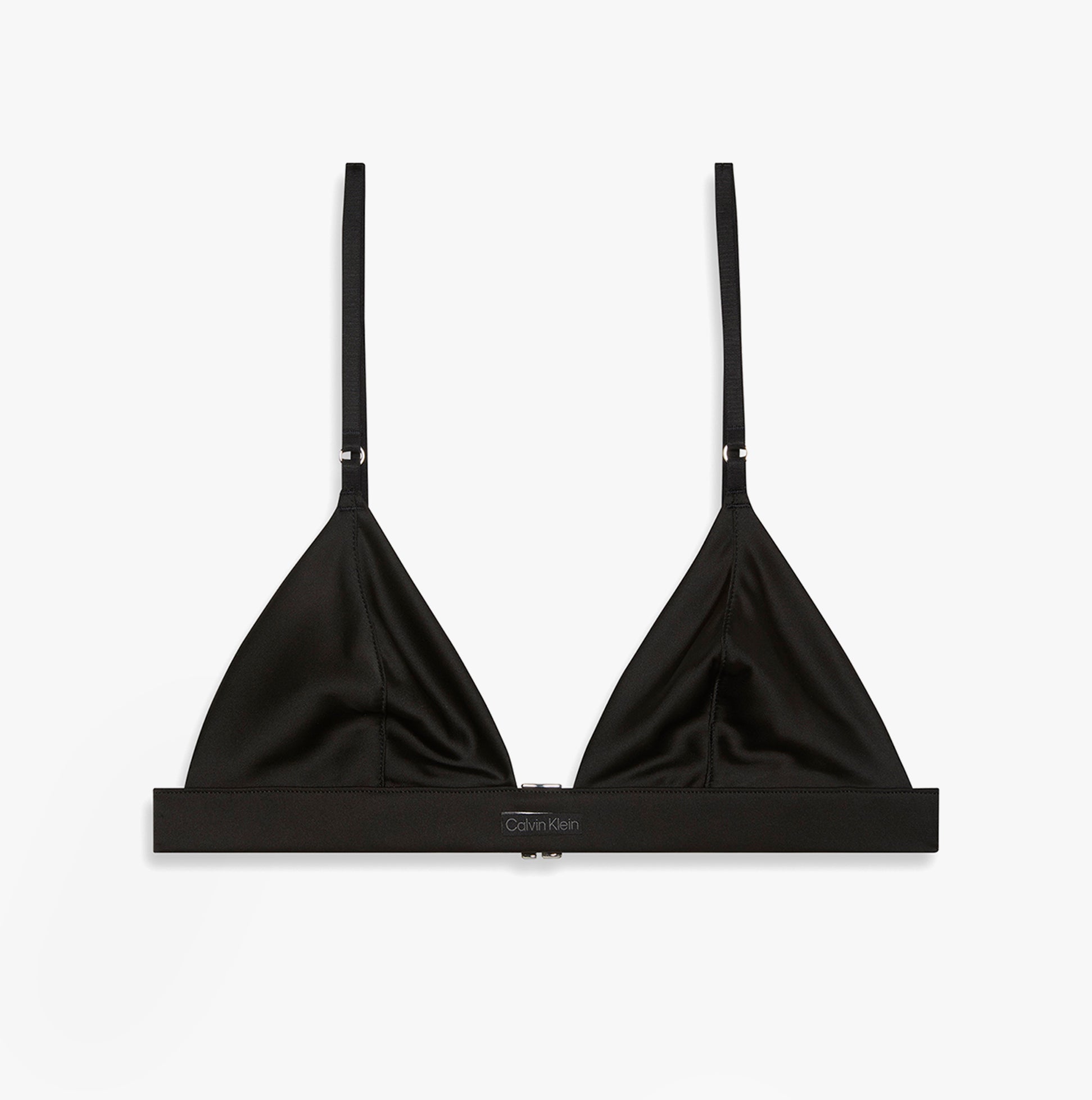 Calvin Klein UNLINED TRIANGLE Womens Black front view triangle bra featuring adjustable straps and logo band.