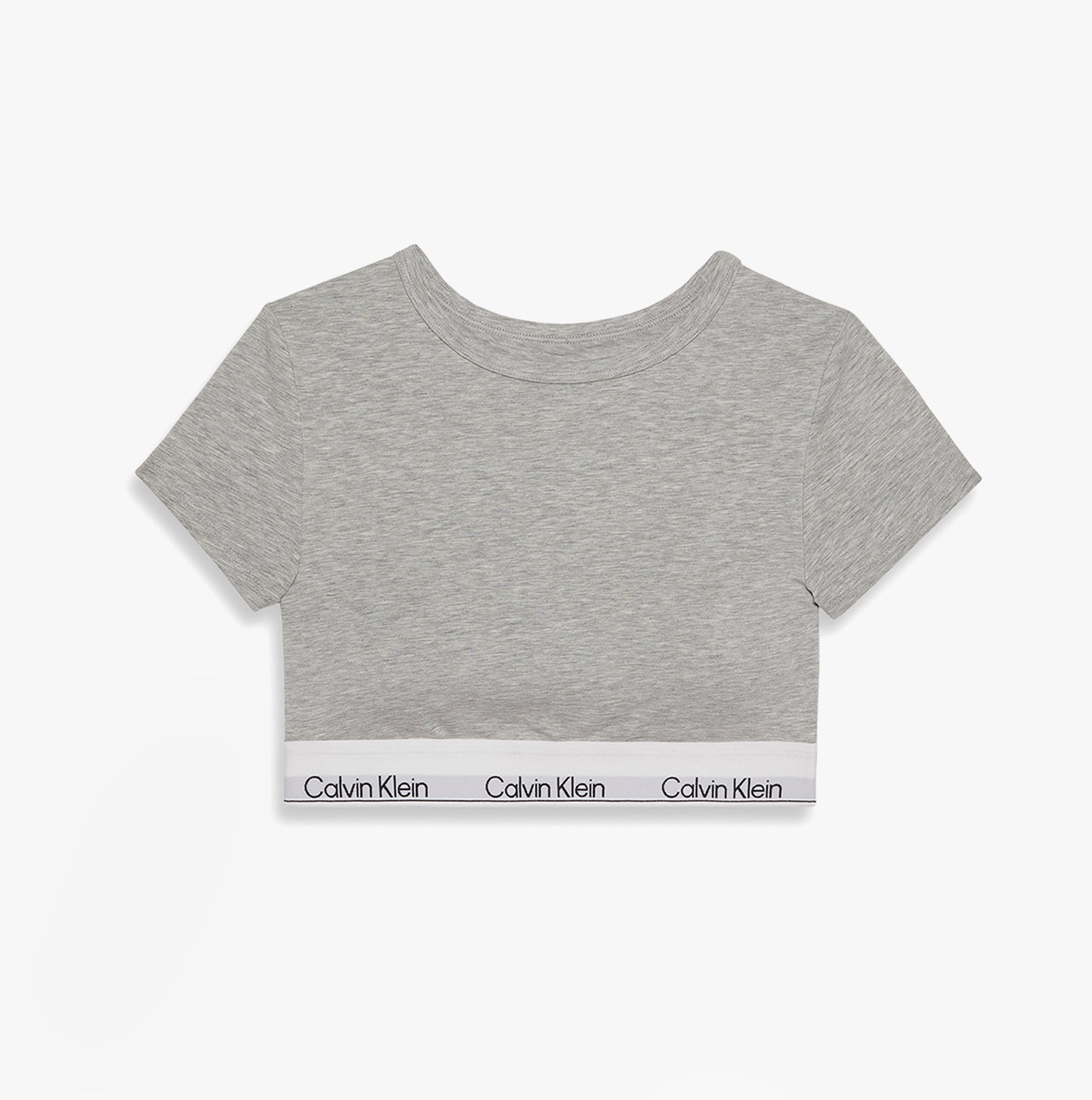 Calvin Klein Womens T-Shirt Bralette Icon Cotton Modal Grey front view, showcasing a stylish grey cropped design with logo band.