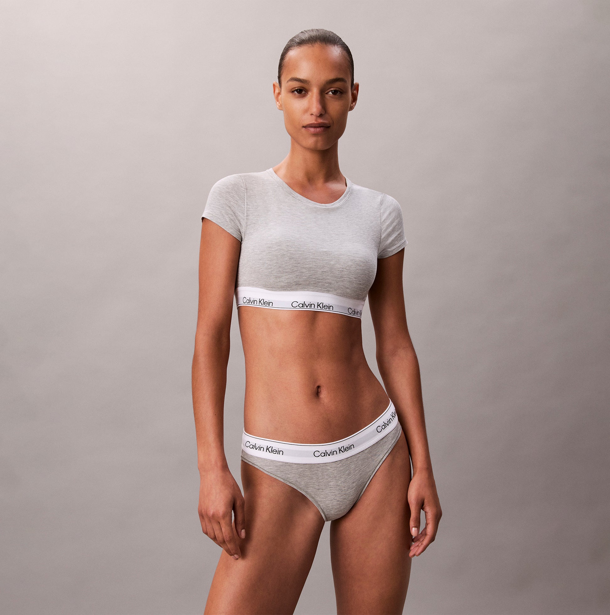 Calvin Klein Womens T-Shirt Bralette Icon Cotton Modal Grey, front view of model wearing bralette and matching underwear.