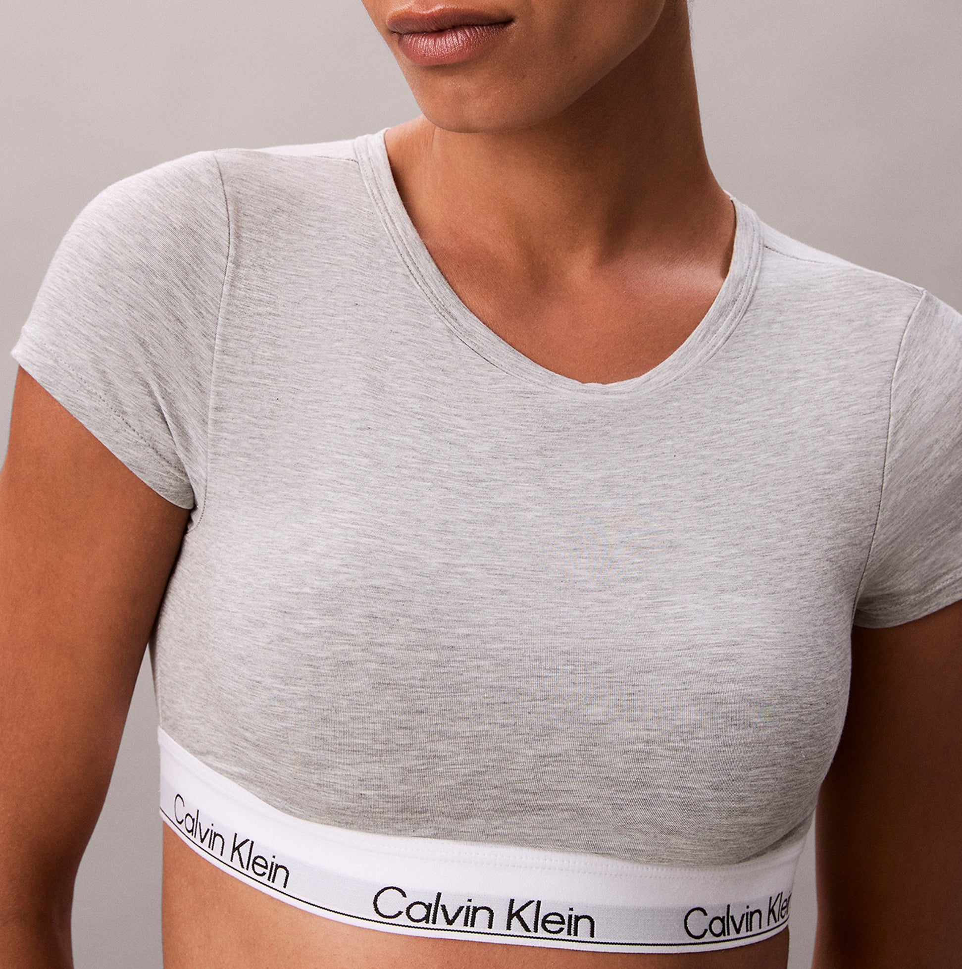 Calvin Klein Womens T-Shirt Bralette Icon Cotton Modal Grey front view showcasing fabric details and logo.