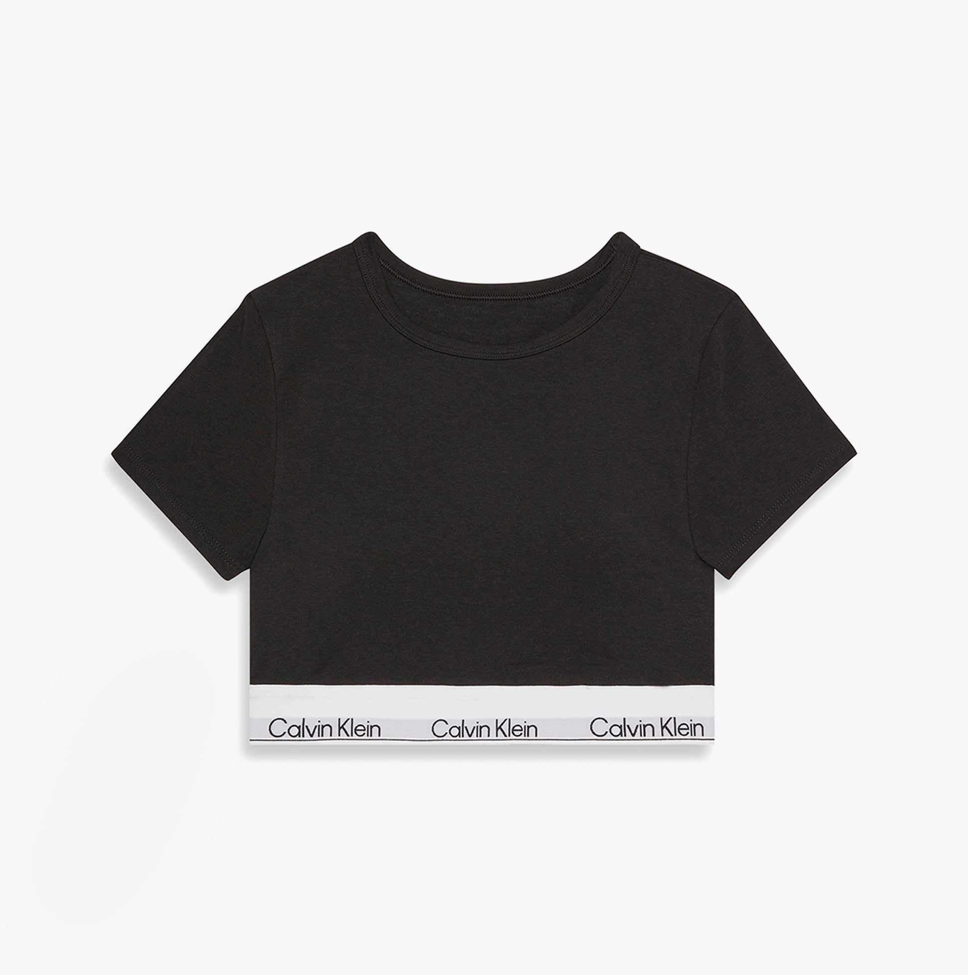 Calvin Klein T-SHIRT BRALETTE Womens Black front view showing short sleeves and signature logo band.
