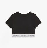 Calvin Klein T-SHIRT BRALETTE Womens Black front view showing short sleeves and signature logo band.