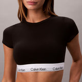 Calvin Klein T-SHIRT BRALETTE Womens Black front view featuring logo band and fitted design