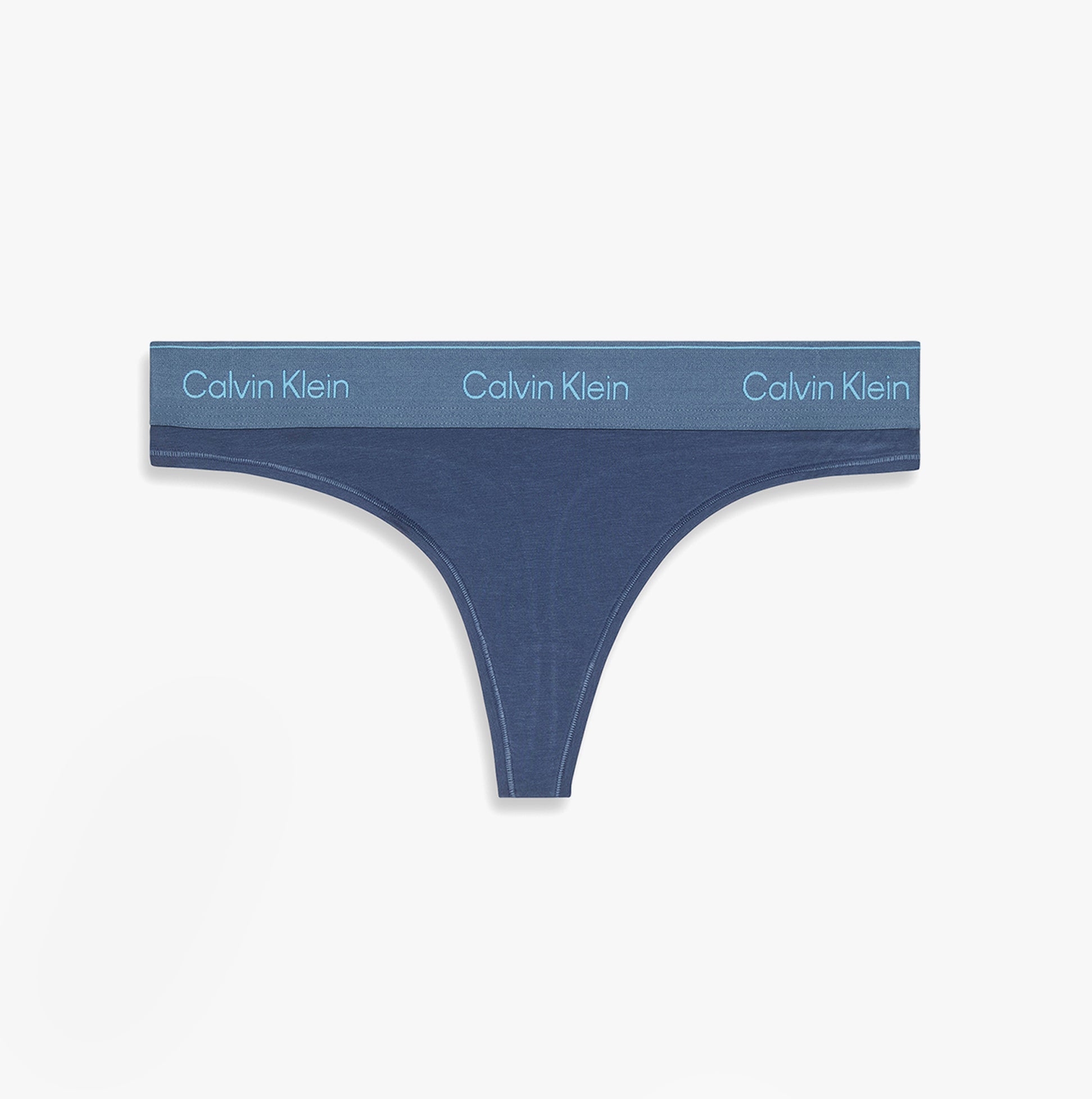 Calvin Klein Icon Cotton Modal Womens Thong Denim front view showing blue color and logo detail on waistband.