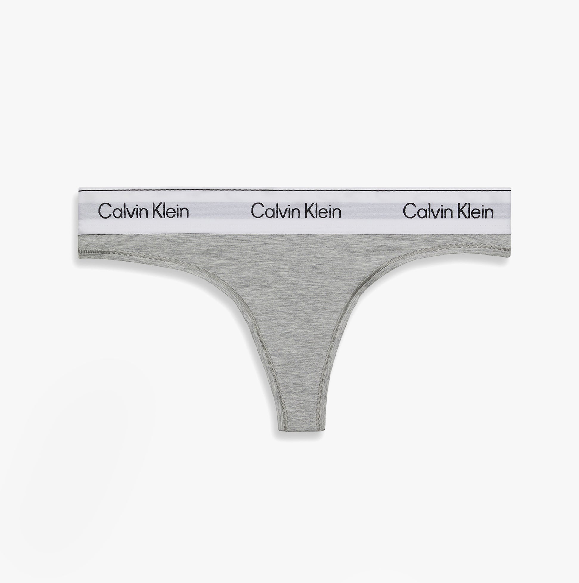Calvin Klein Icon Cotton Modal Womens Thong Grey front view, featuring a grey fabric and logo waistband.