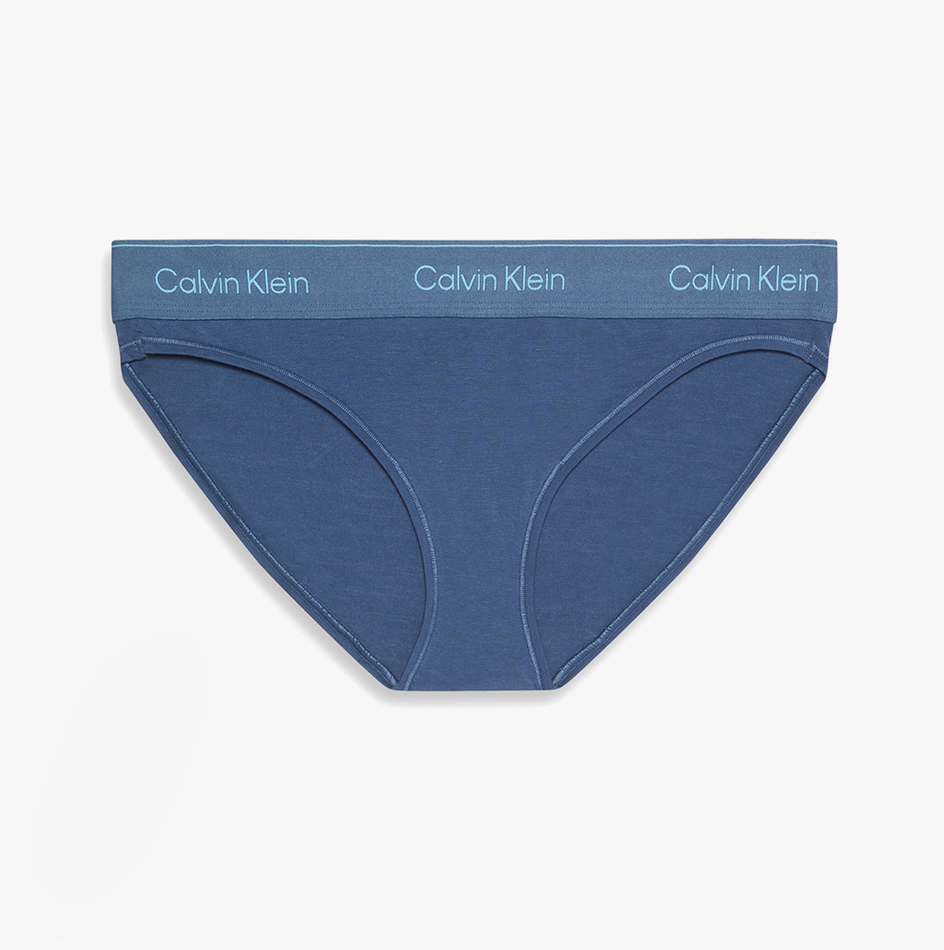 Calvin Klein Icon Cotton Modal Womens Bikini Brief Denim front view showcasing the soft fabric and logo band.