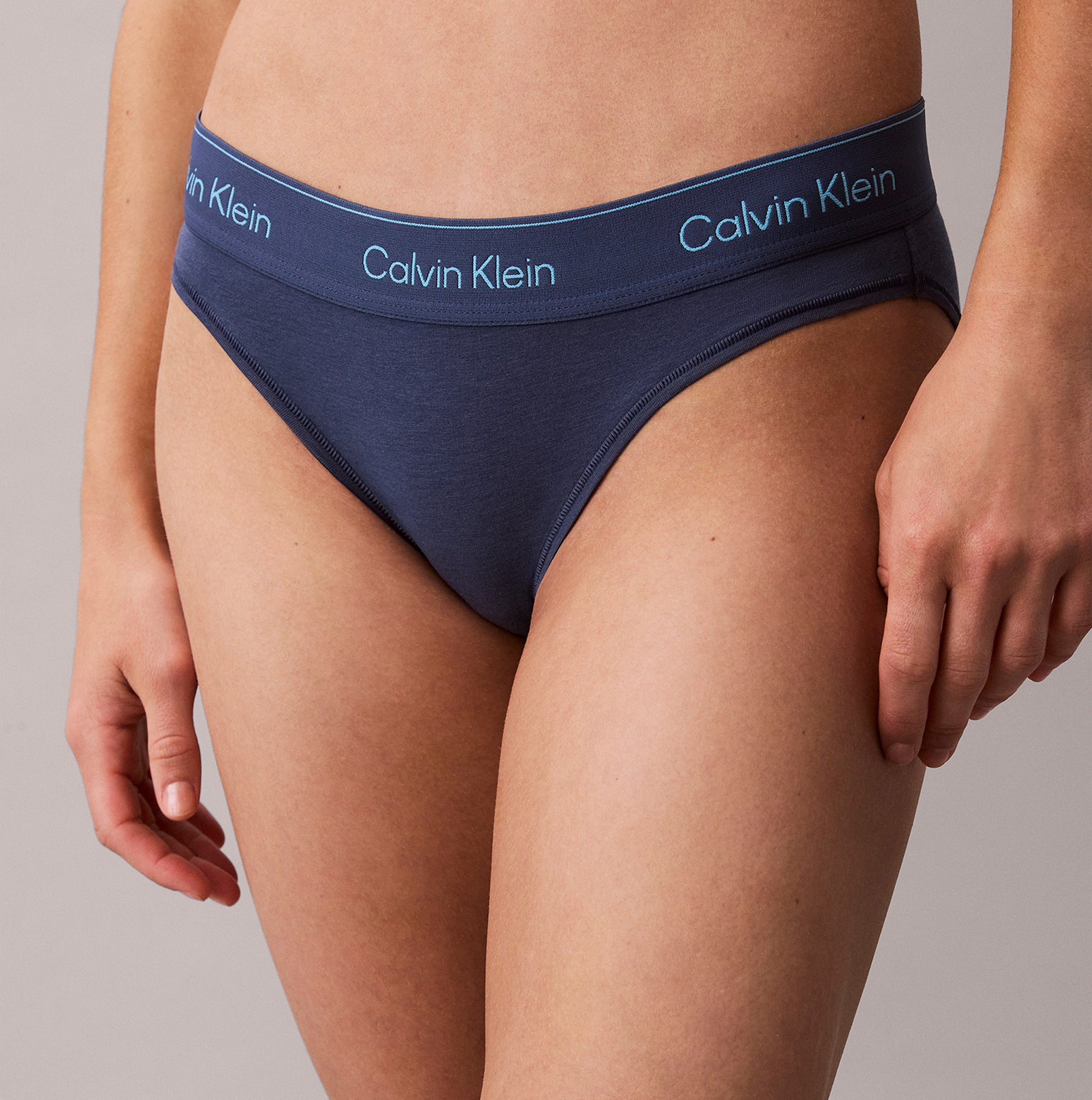 Calvin Klein Icon Cotton Modal Womens Bikini Brief Denim front view showcasing waistband design and fabric texture.