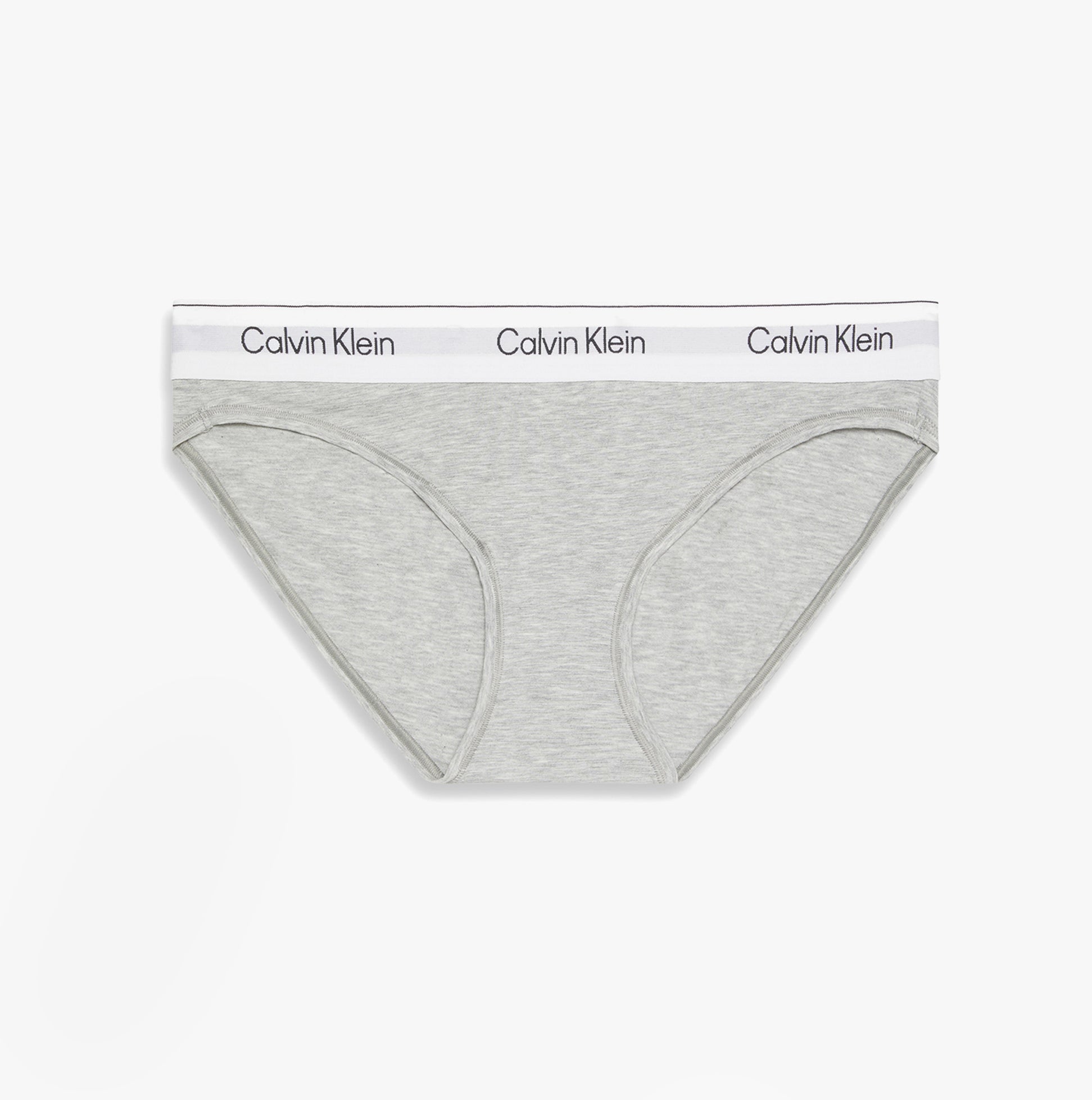 Calvin Klein Icon Cotton Modal Womens Bikini Brief Grey front view displaying the soft fabric and logo waistband.