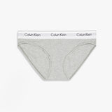 Calvin Klein Icon Cotton Modal Womens Bikini Brief Grey front view displaying the soft fabric and logo waistband.