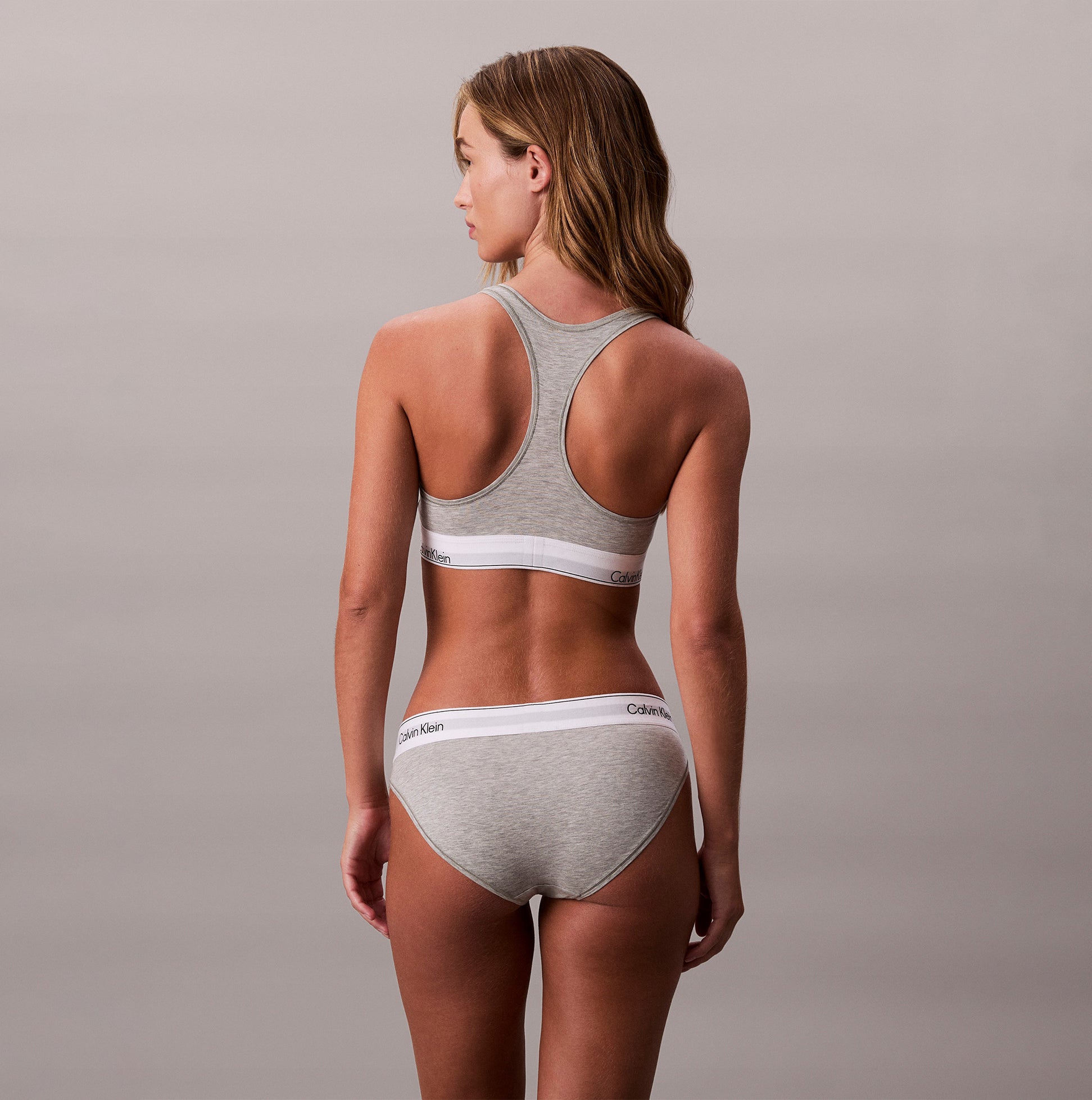 Calvin Klein Icon Cotton Modal Womens Bikini Brief Grey back view showing the grey cotton modal fabric and sporty design.