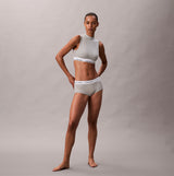 Calvin Klein Icon Cotton Modal Womens Boy Shorts Grey side view model wearing matching grey set with logo waistband.