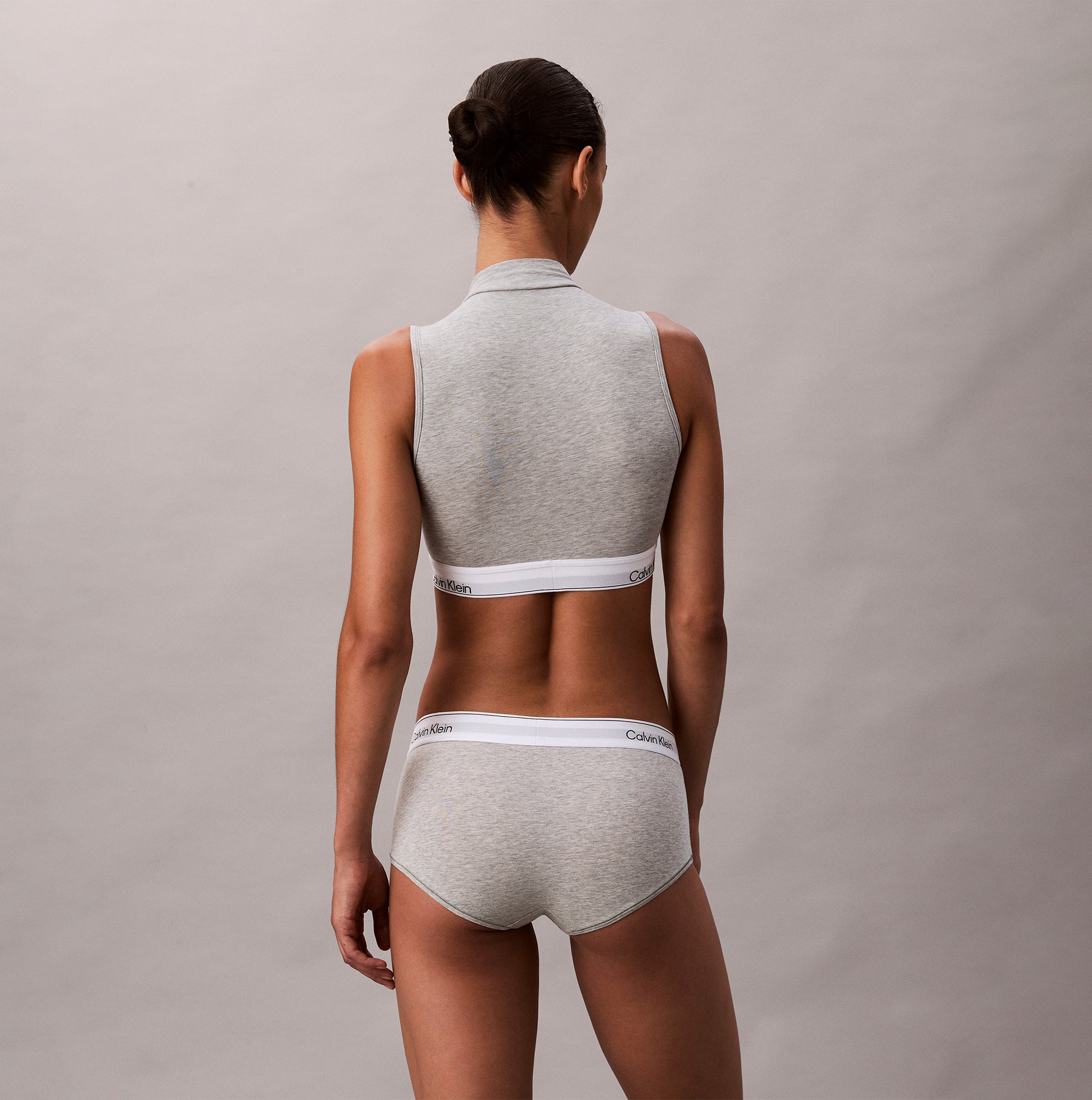 Calvin Klein Icon Cotton Modal Womens Boy Shorts Grey back view with matching grey crop top for a stylish and comfortable look.