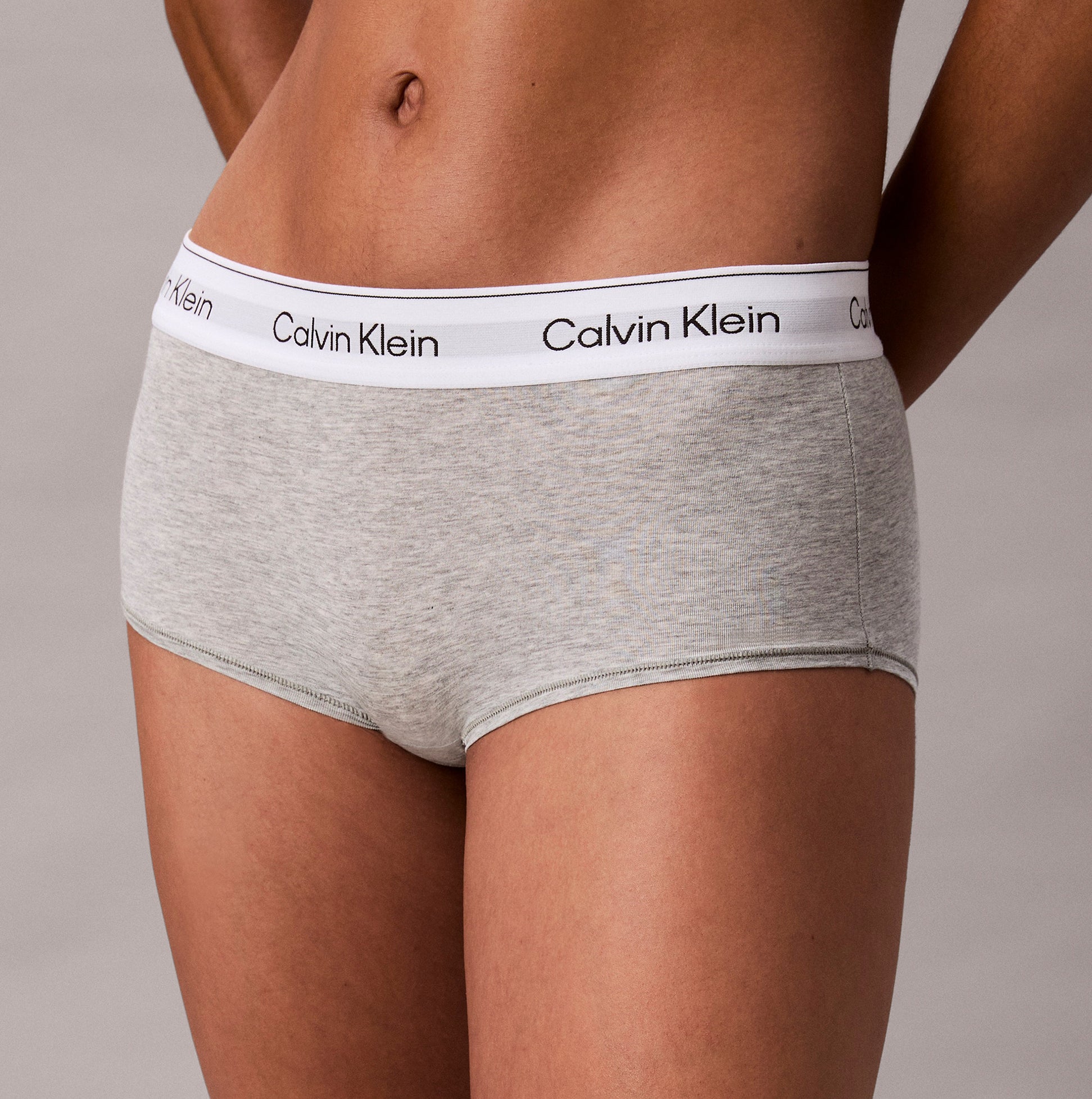 Calvin Klein Icon Cotton Modal Womens Boy Shorts Grey side view showcasing the soft grey fabric and logo waistband.