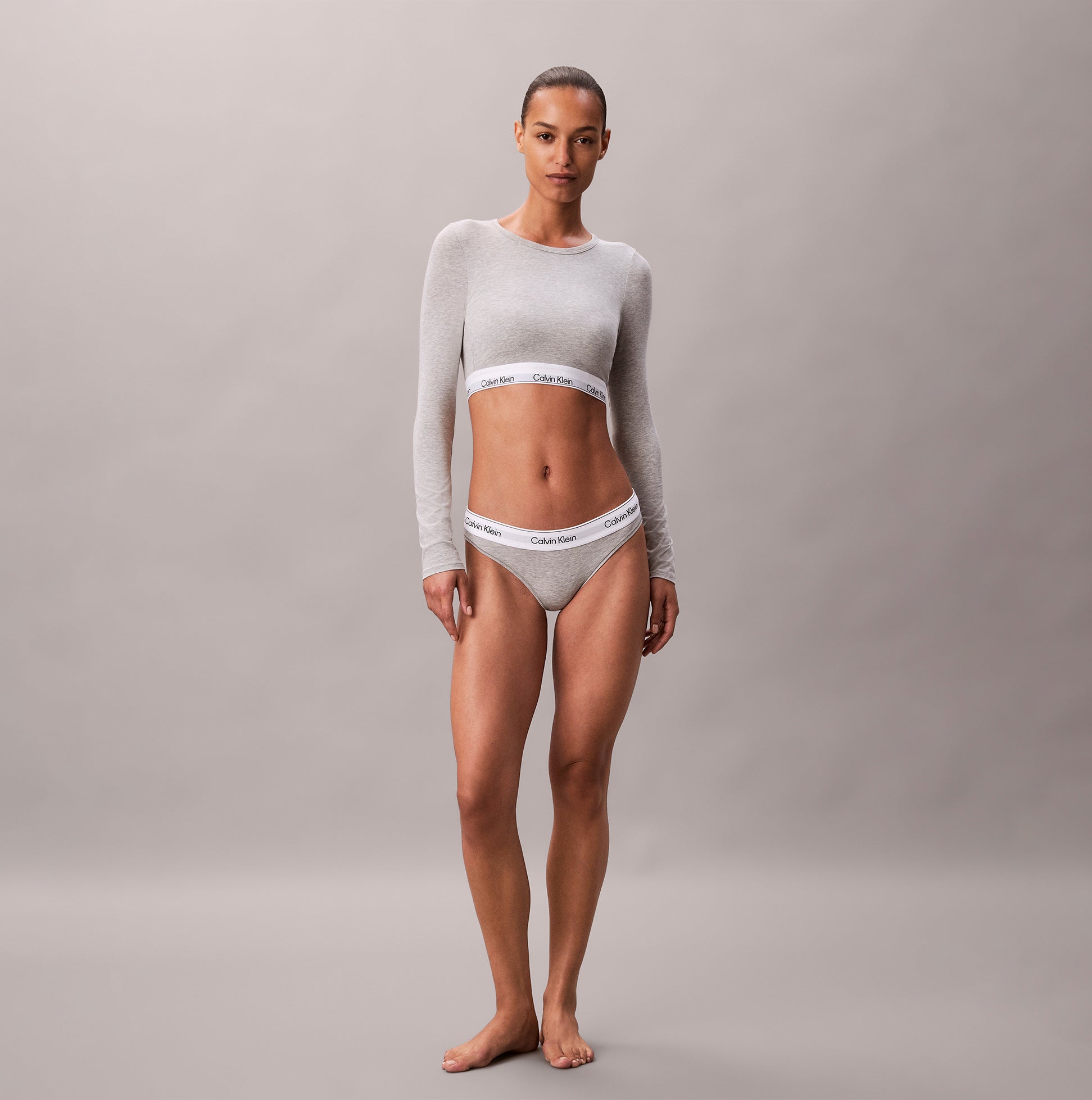 Calvin Klein Icon Cotton Modal Womens Long Sleeve T-shirt Bralette Grey front view on model showcasing the fabric and fit.