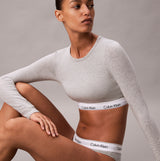 Calvin Klein Icon Cotton Modal Womens Long Sleeve T-shirt Bralette Grey side view, showcasing soft fabric and logo detailing.