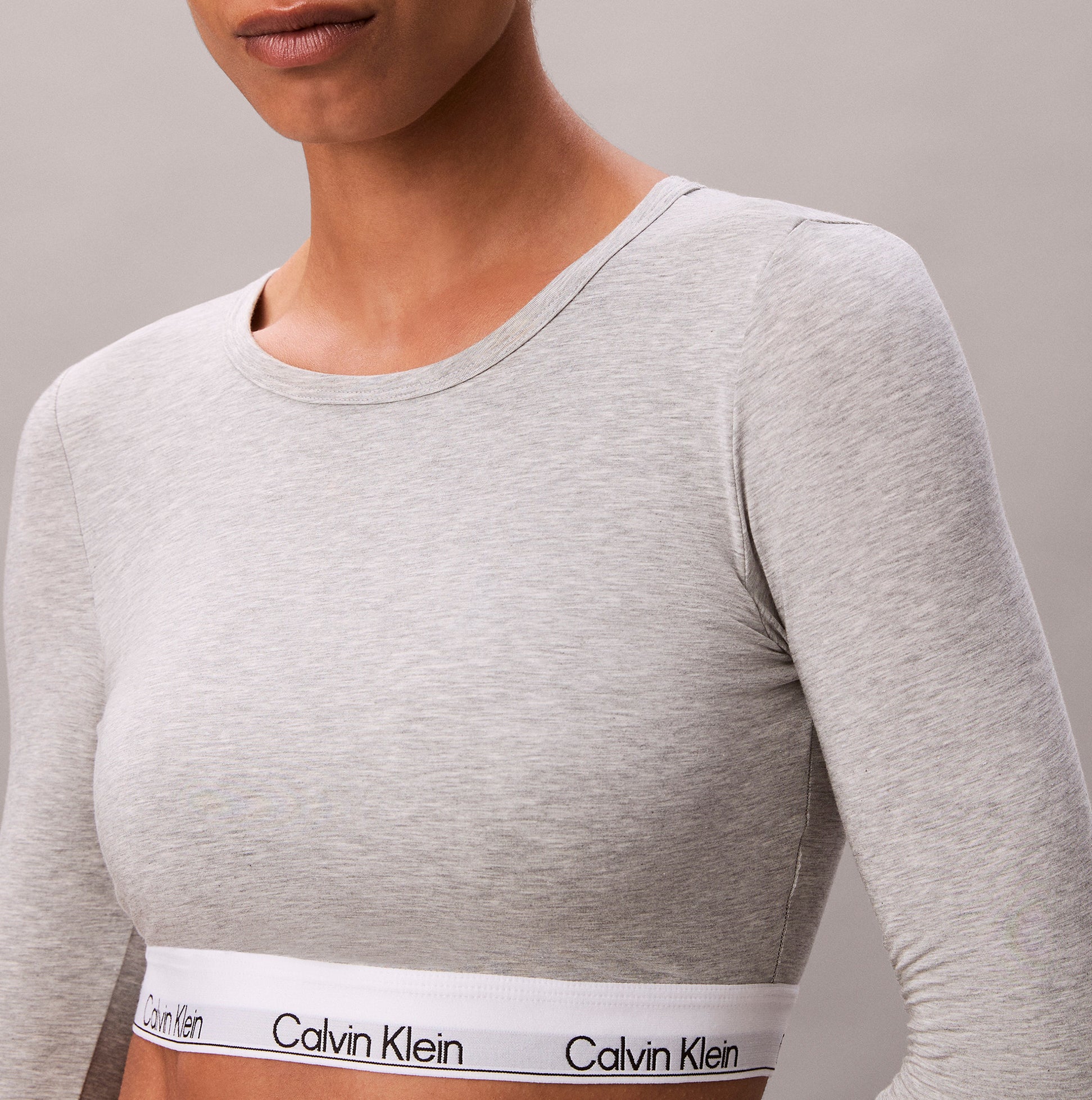 Calvin Klein Icon Cotton Modal Womens Long Sleeve T-shirt Bralette Grey detail view showcasing soft fabric and logo band.