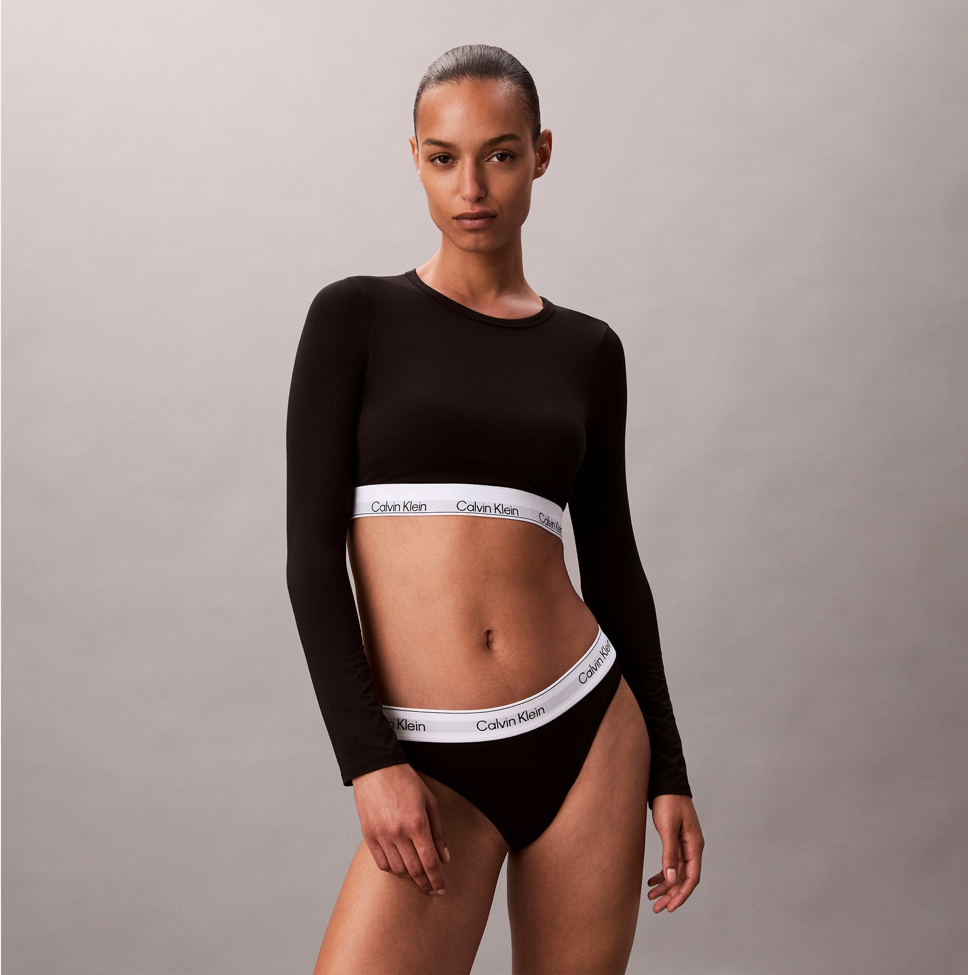 Calvin Klein Icon Cotton Modal Womens Long Sleeve T-shirt Bralette Black front view model wearing black bralette and matching underwear