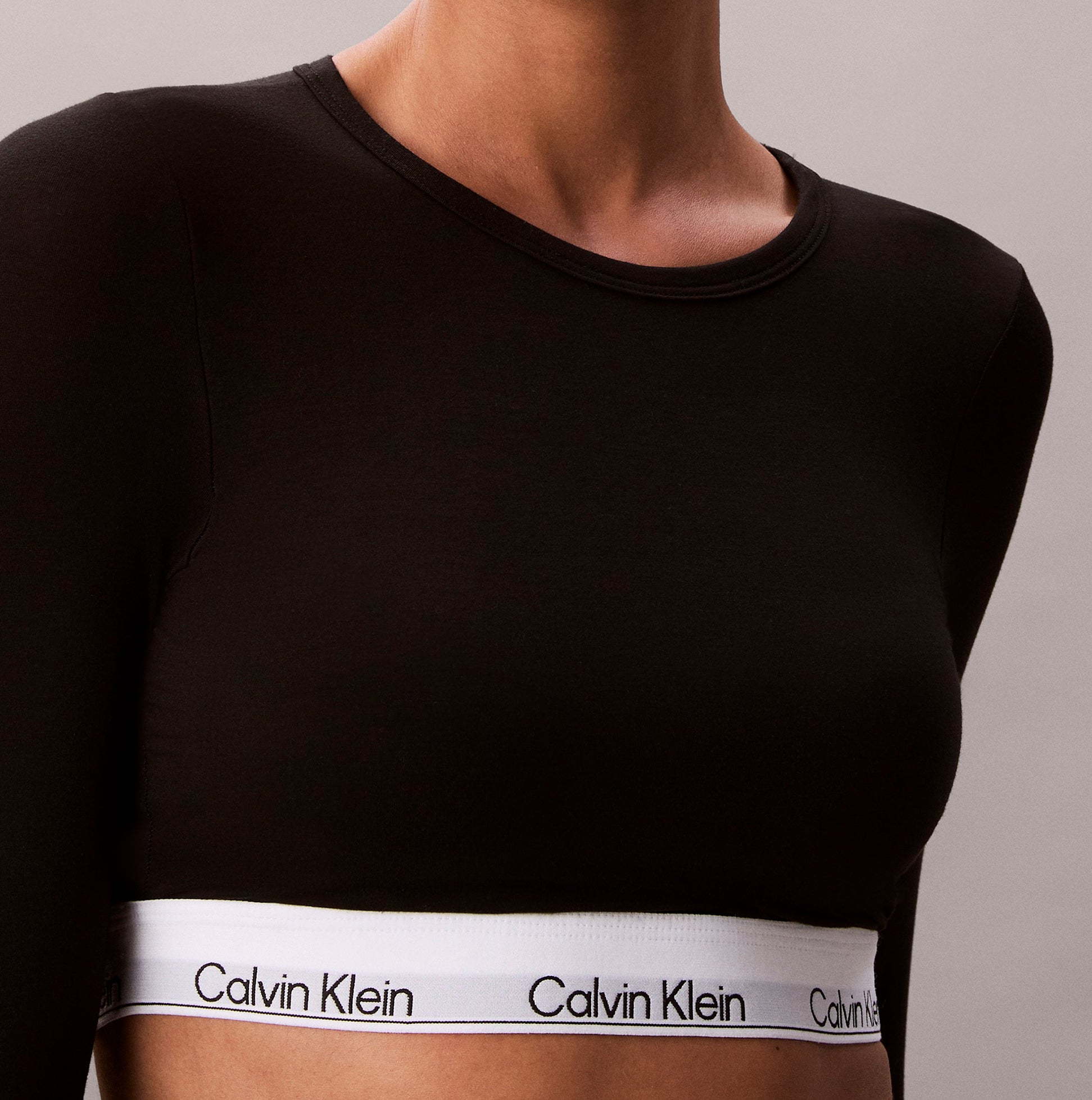 Calvin Klein Icon Cotton Modal Womens Long Sleeve T-shirt Bralette Black detail view showing the black fabric and logo band.