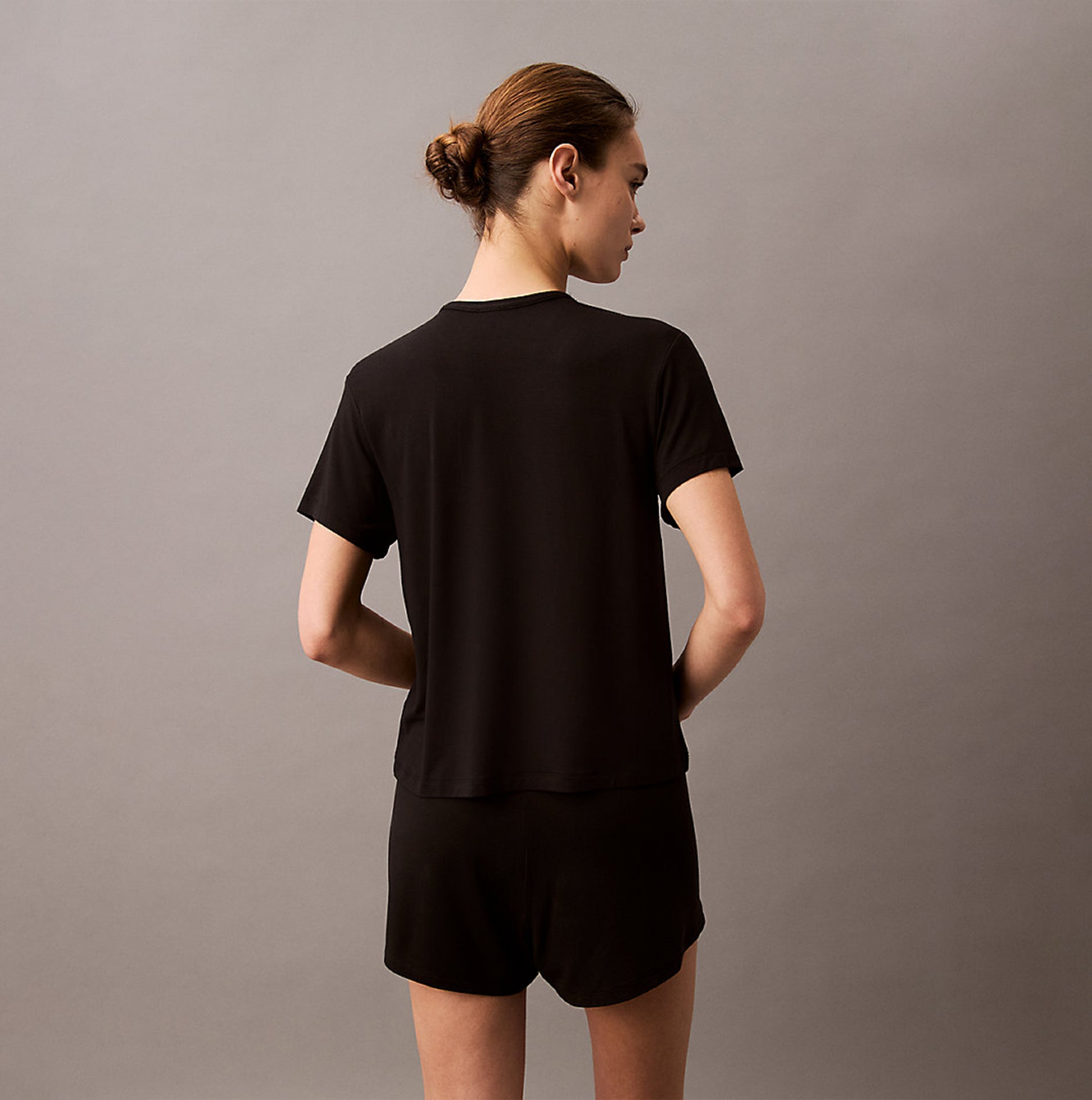 Calvin Klein ULTRA SOFT MODAL Womens Lounge T-Shirt Black back view, relaxed fit, short sleeves, crew neckline.