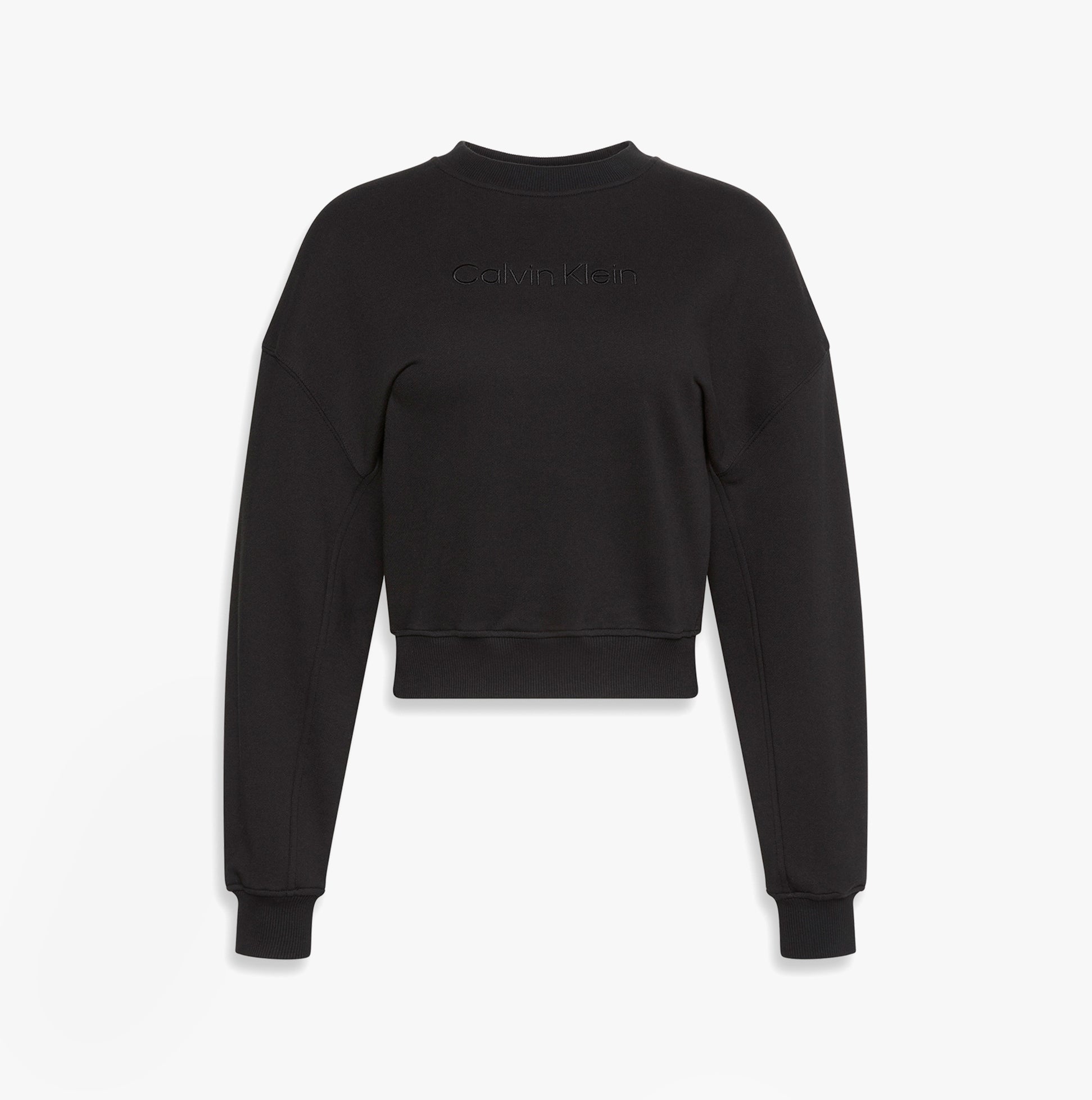 Calvin Klein Womens Long Sleeve Pyjama Top Black front view with embroidered logo and cropped design.