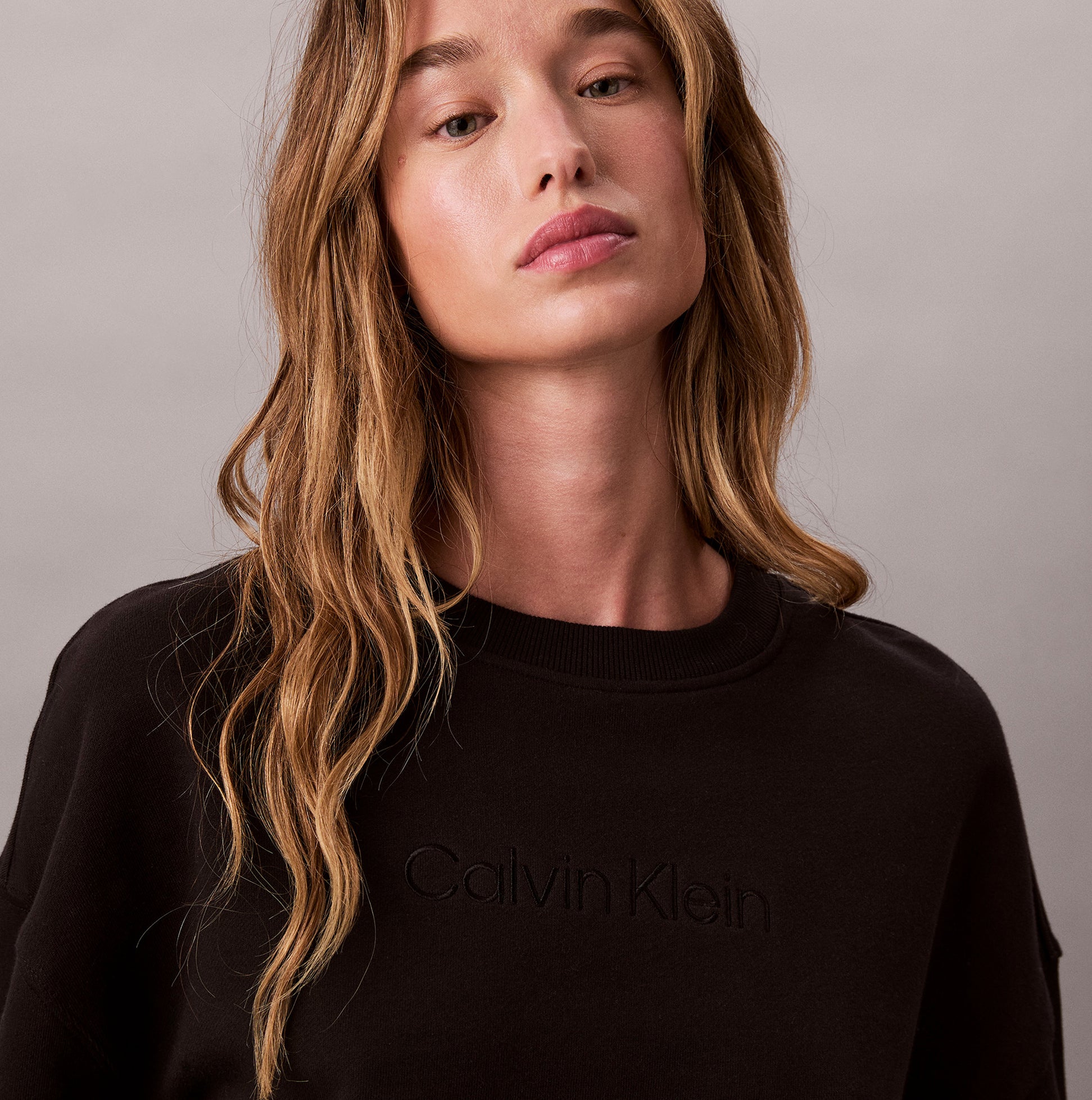 Calvin Klein Womens Long Sleeve Pyjama Top Black front view with logo detail on chest