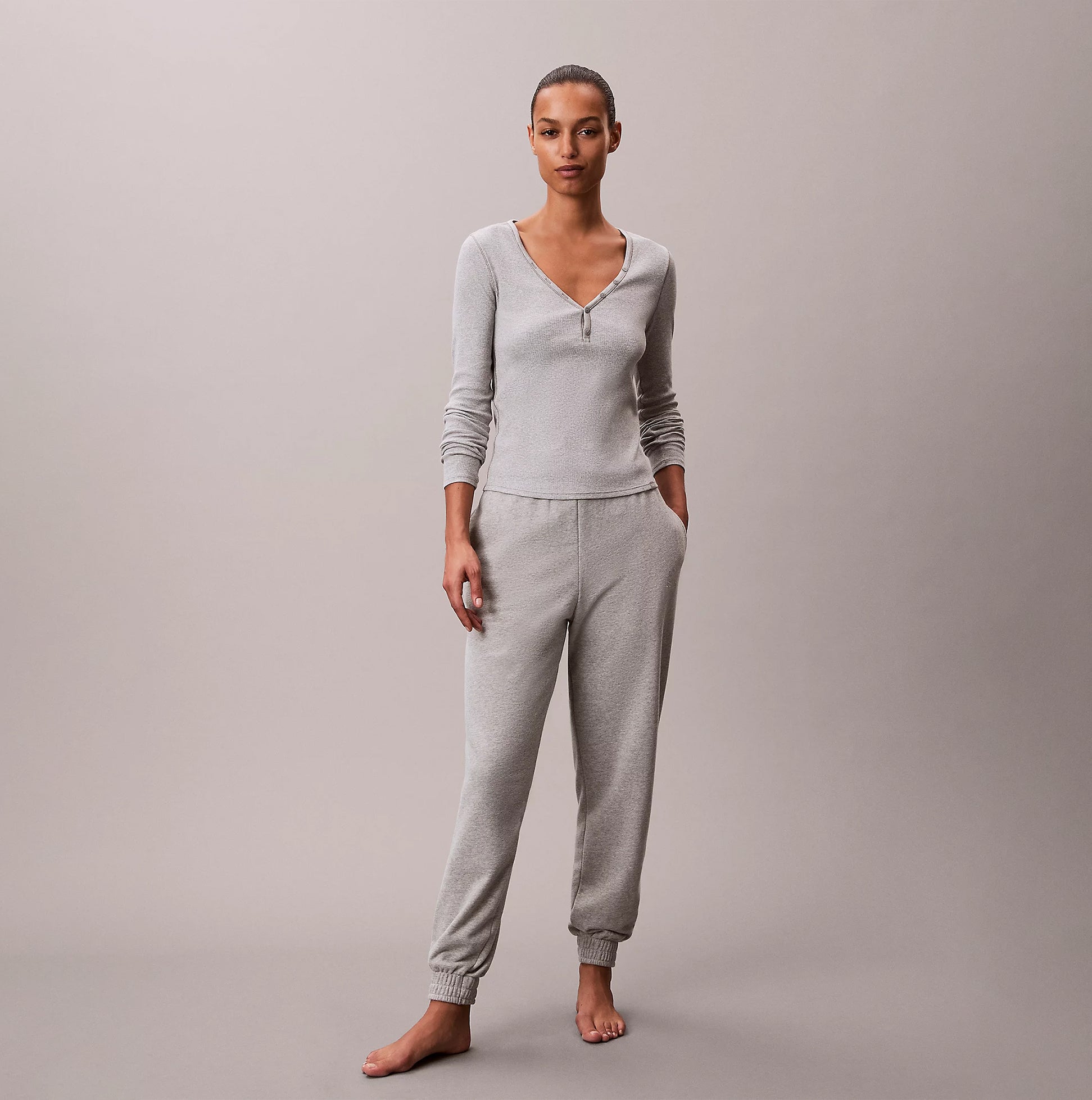 Calvin Klein JOGGER Womens Grey Heather front view showcasing comfortable fit and soft fabric.