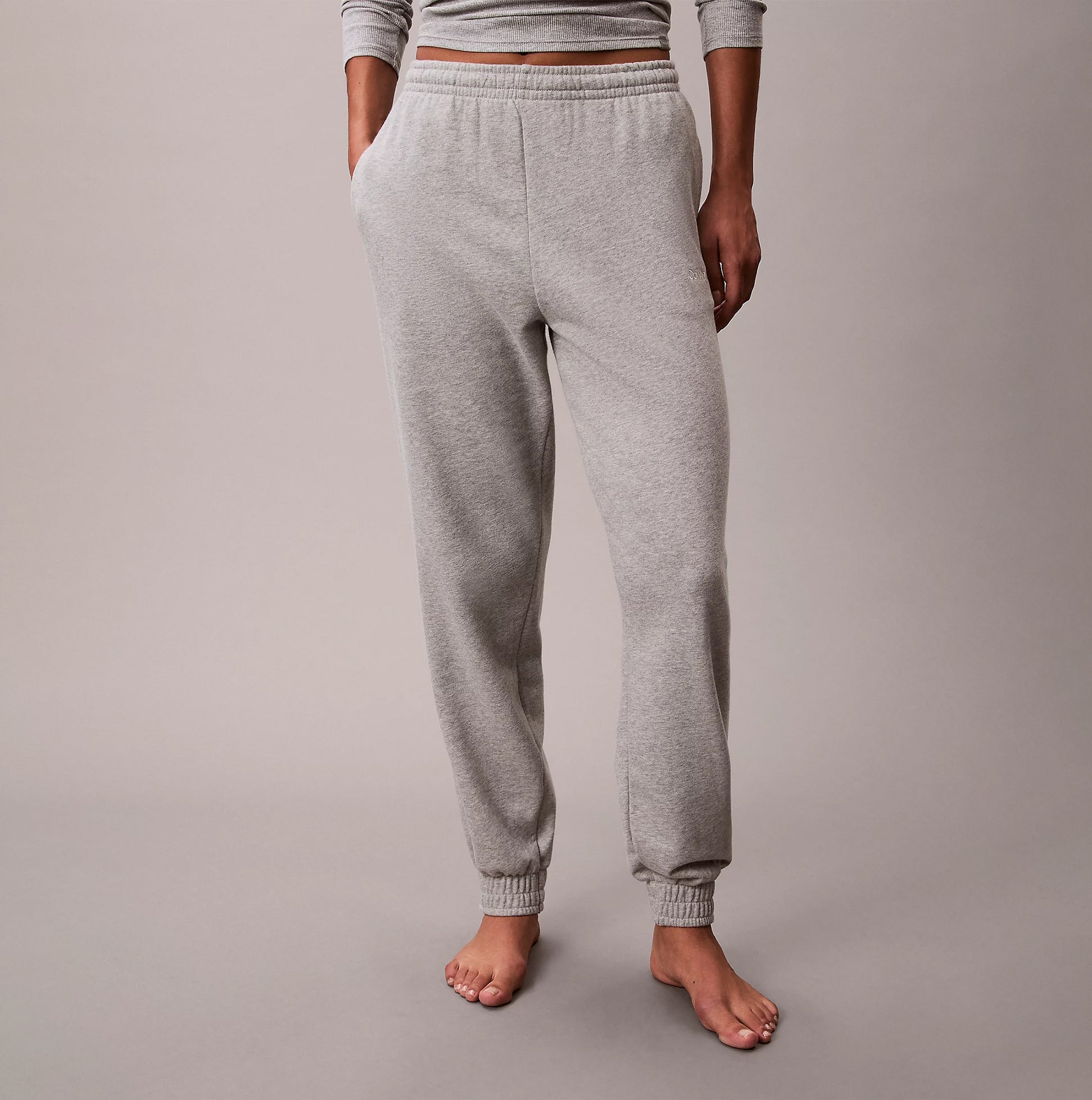 Calvin Klein JOGGER Womens Grey Heather front view showcasing comfortable fit and stylish design in heather grey.