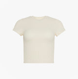 Calvin Klein SEAMLESS TEE Womens Printed CK Knit T-Shirt Ivory front view showing short sleeves and textured fabric.