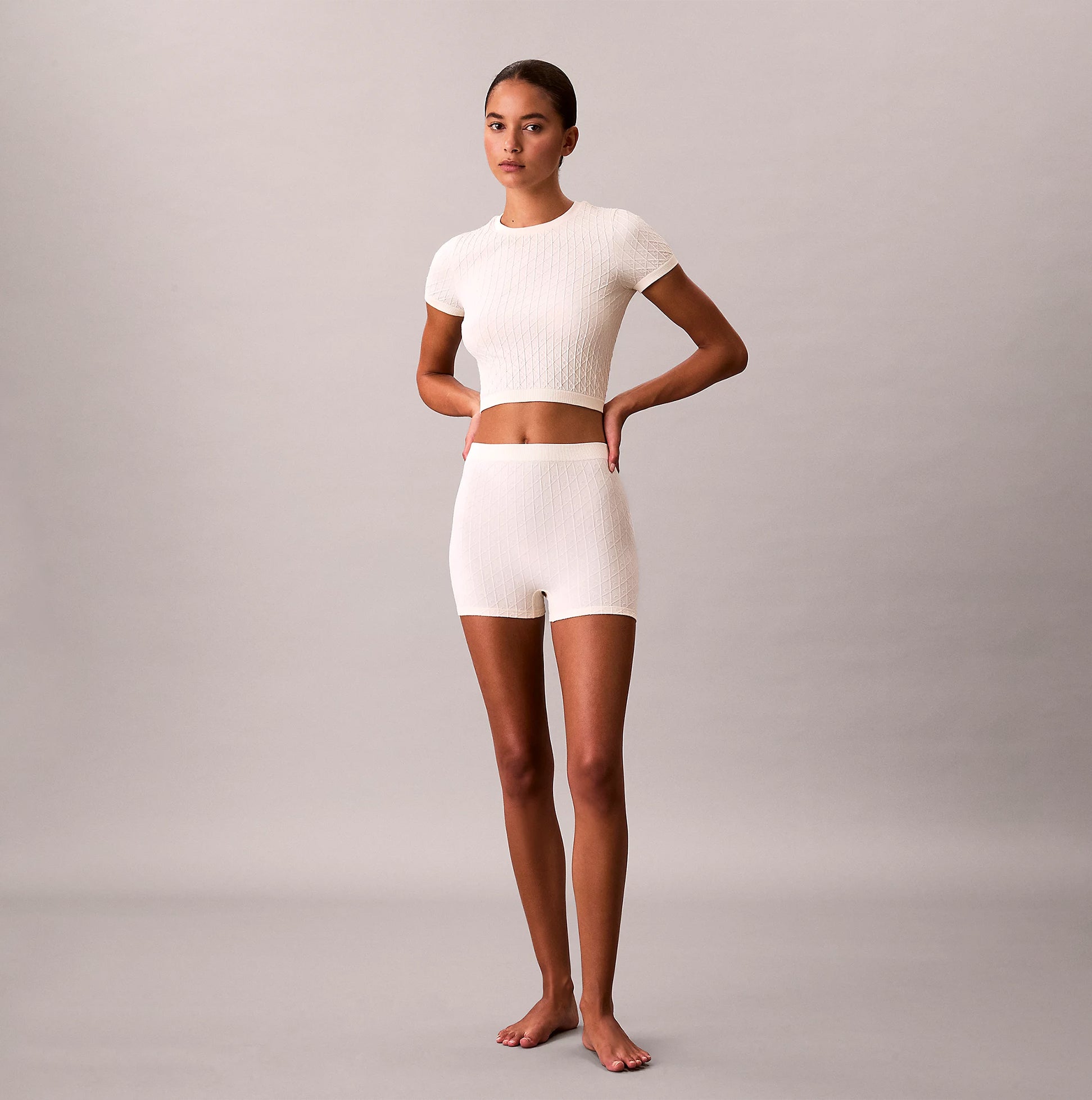 Calvin Klein SEAMLESS SHORTIE Womens Shorts Ivory front view model wearing outfit