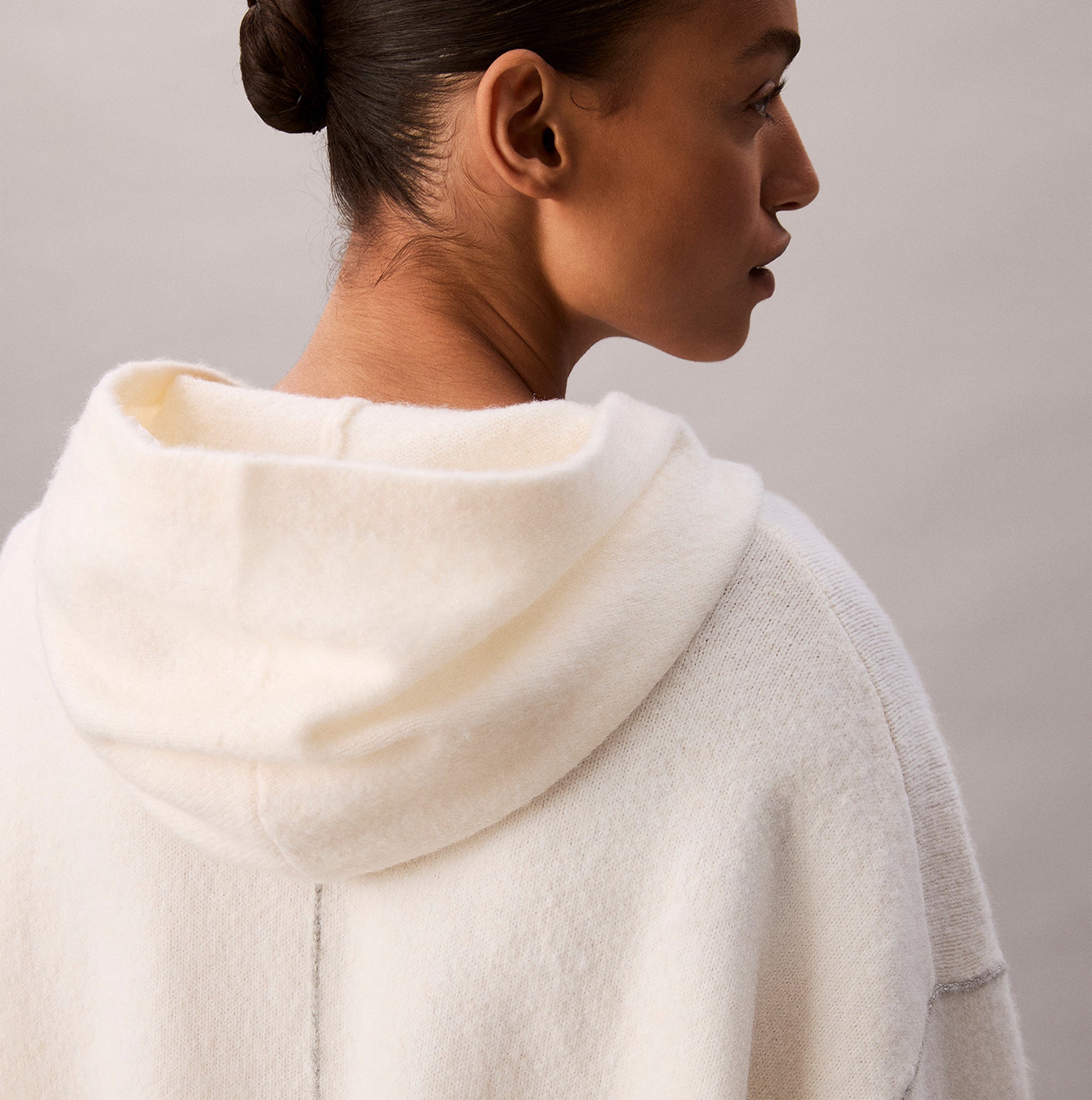 Calvin Klein PLUSH HOODIE. Womens Ivory. Back view showcasing the soft hood and material texture.